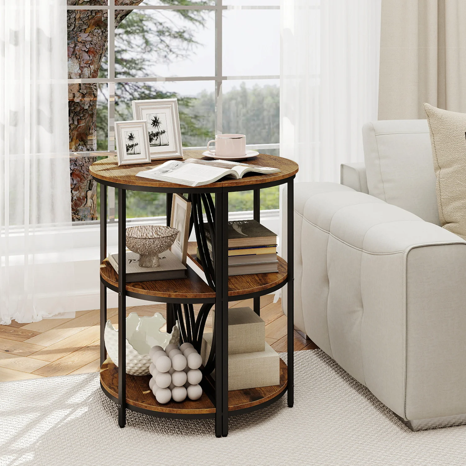 Narrow Side Table, Metal Frame, Storage Shelves, Rustic Brown - Image 3