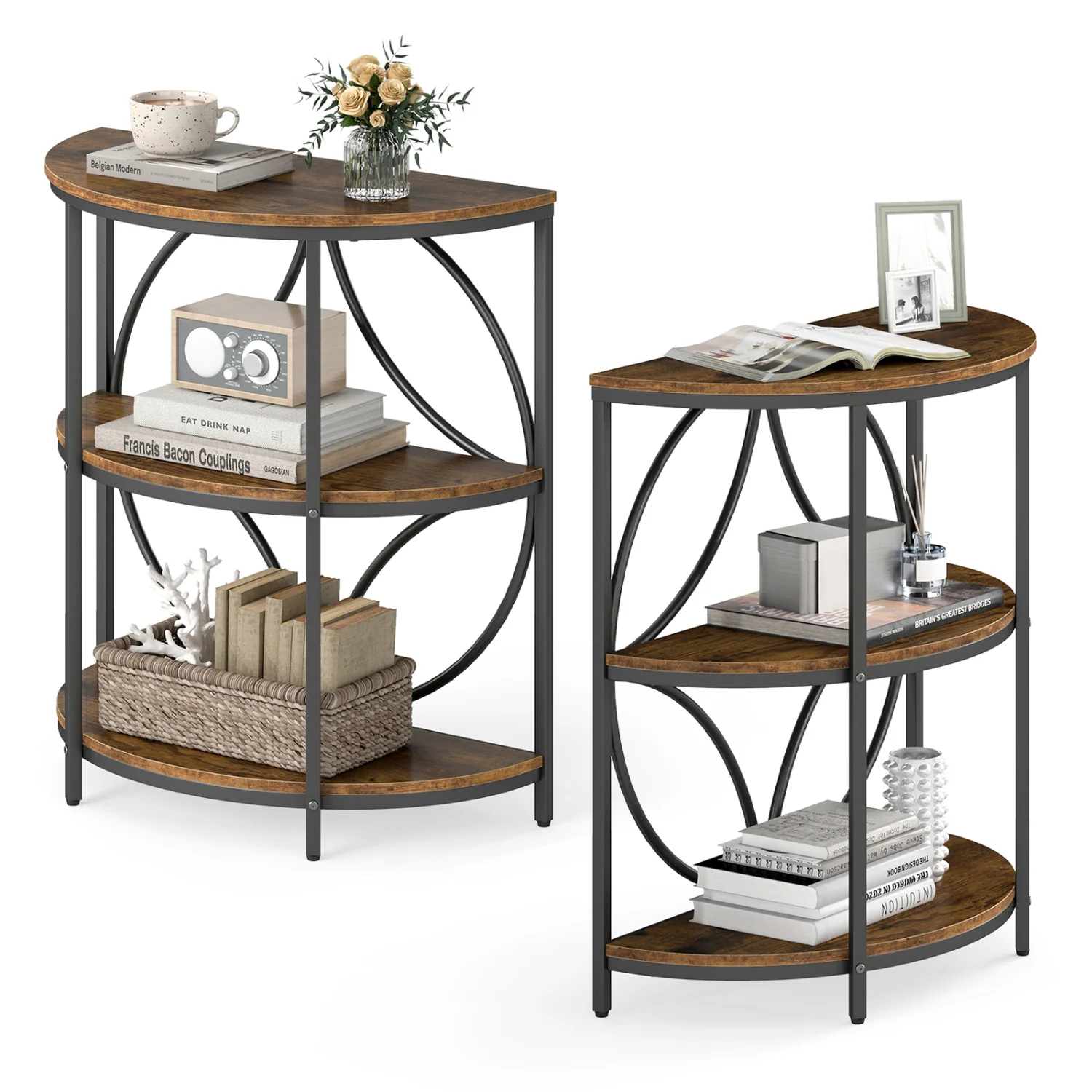 Narrow Side Table, Metal Frame, Storage Shelves, Rustic Brown - Image 5