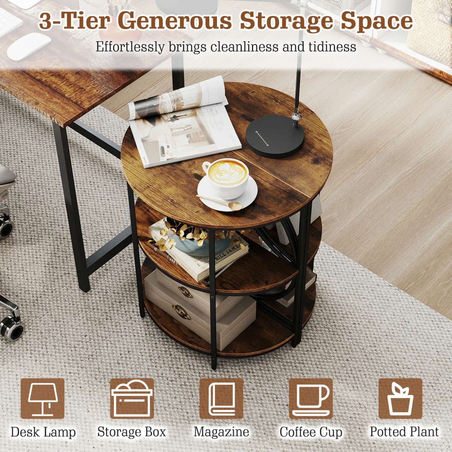 Narrow Side Table, Metal Frame, Storage Shelves, Rustic Brown - Image 9