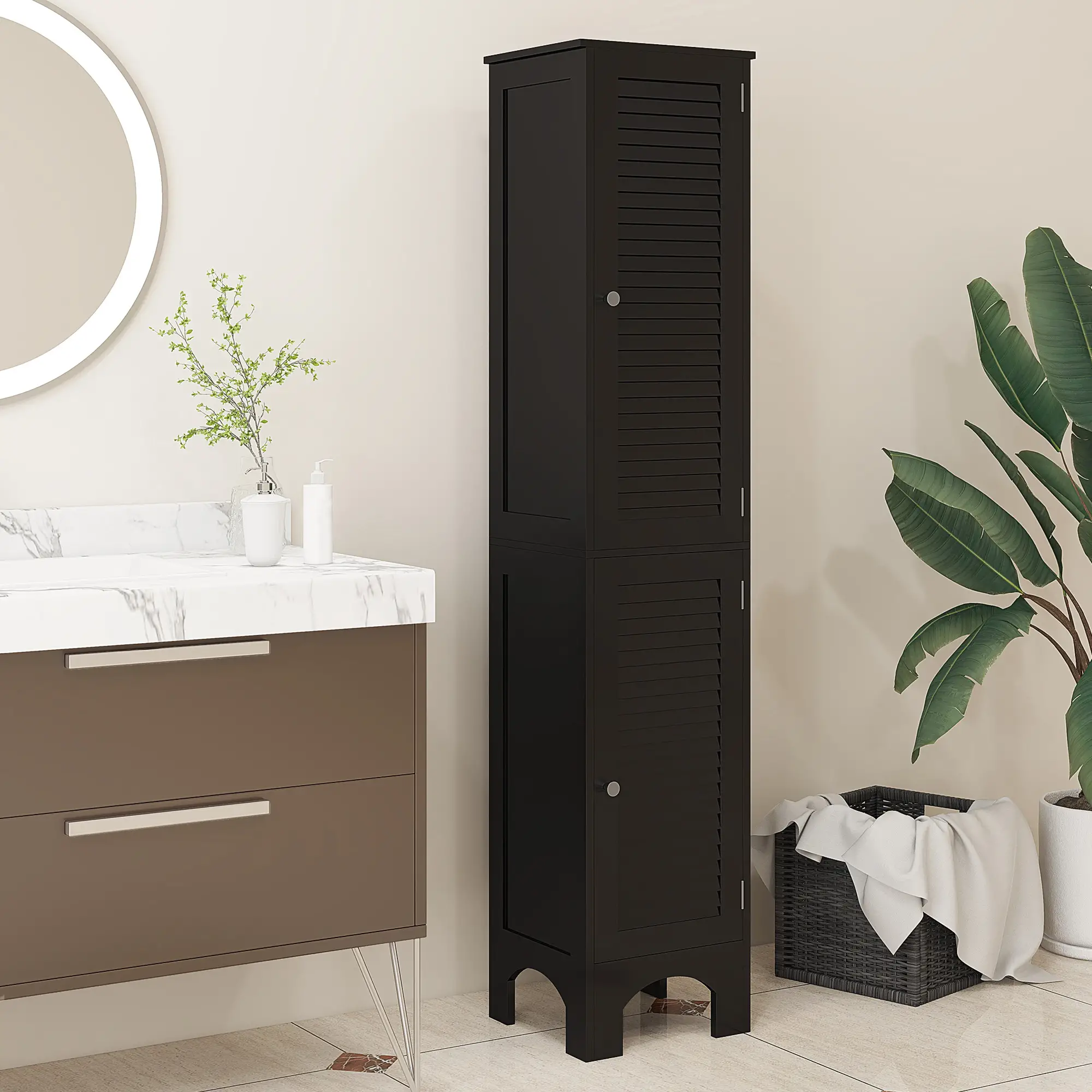 Narrow Tall Bathroom Storage Cabinet with Shelves, Doors, Black - Image 2