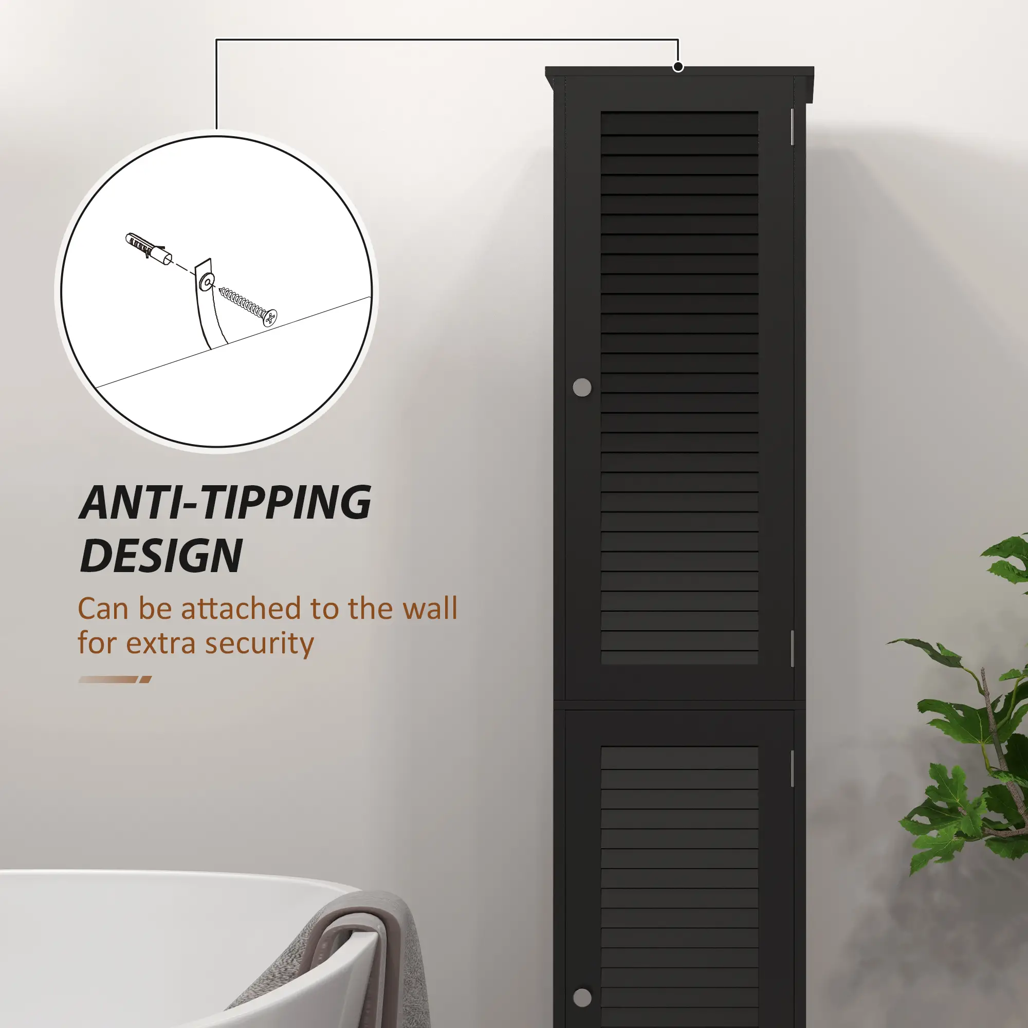Narrow Tall Bathroom Storage Cabinet with Shelves, Doors, Black - Image 6