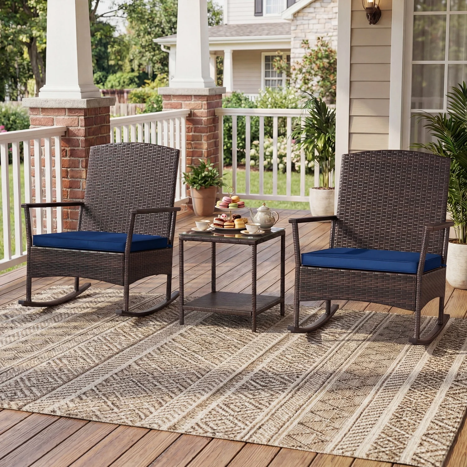Wicker 3-Piece Patio Rocking Set with Coffee Table, Navy - Image 2