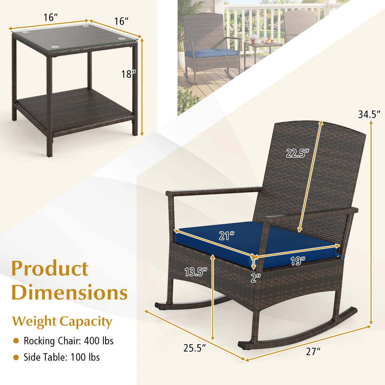 Wicker 3-Piece Patio Rocking Set with Coffee Table, Navy - Image 5