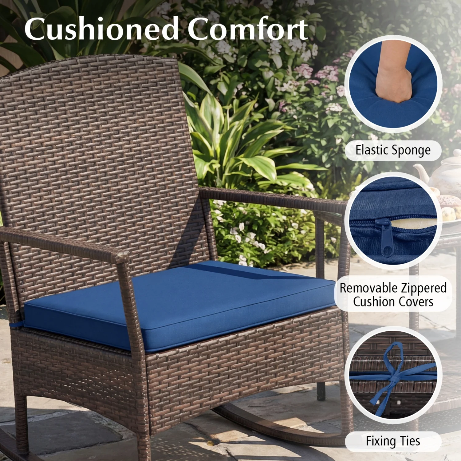 Wicker 3-Piece Patio Rocking Set with Coffee Table, Navy - Image 7