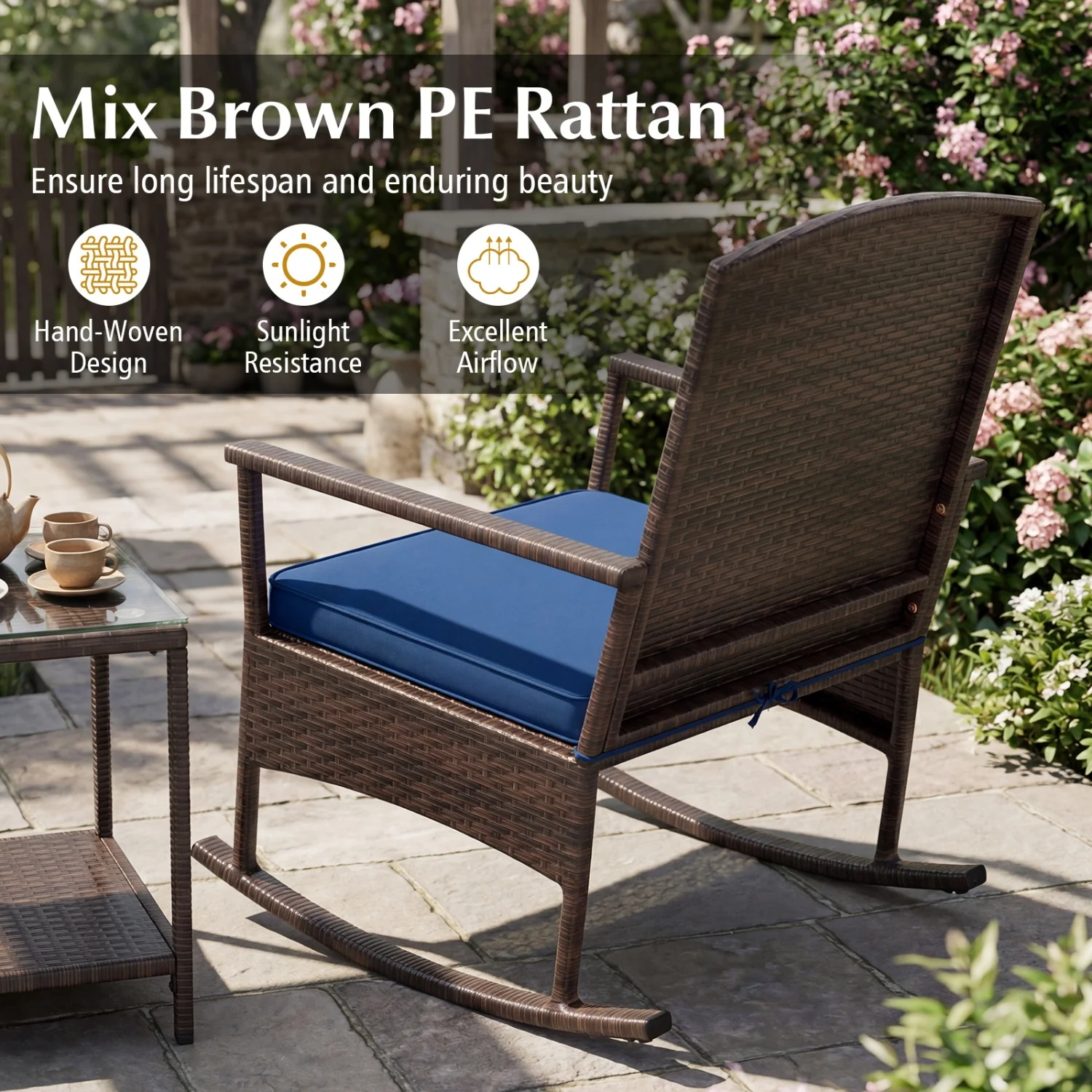 Wicker 3-Piece Patio Rocking Set with Coffee Table, Navy - Image 8