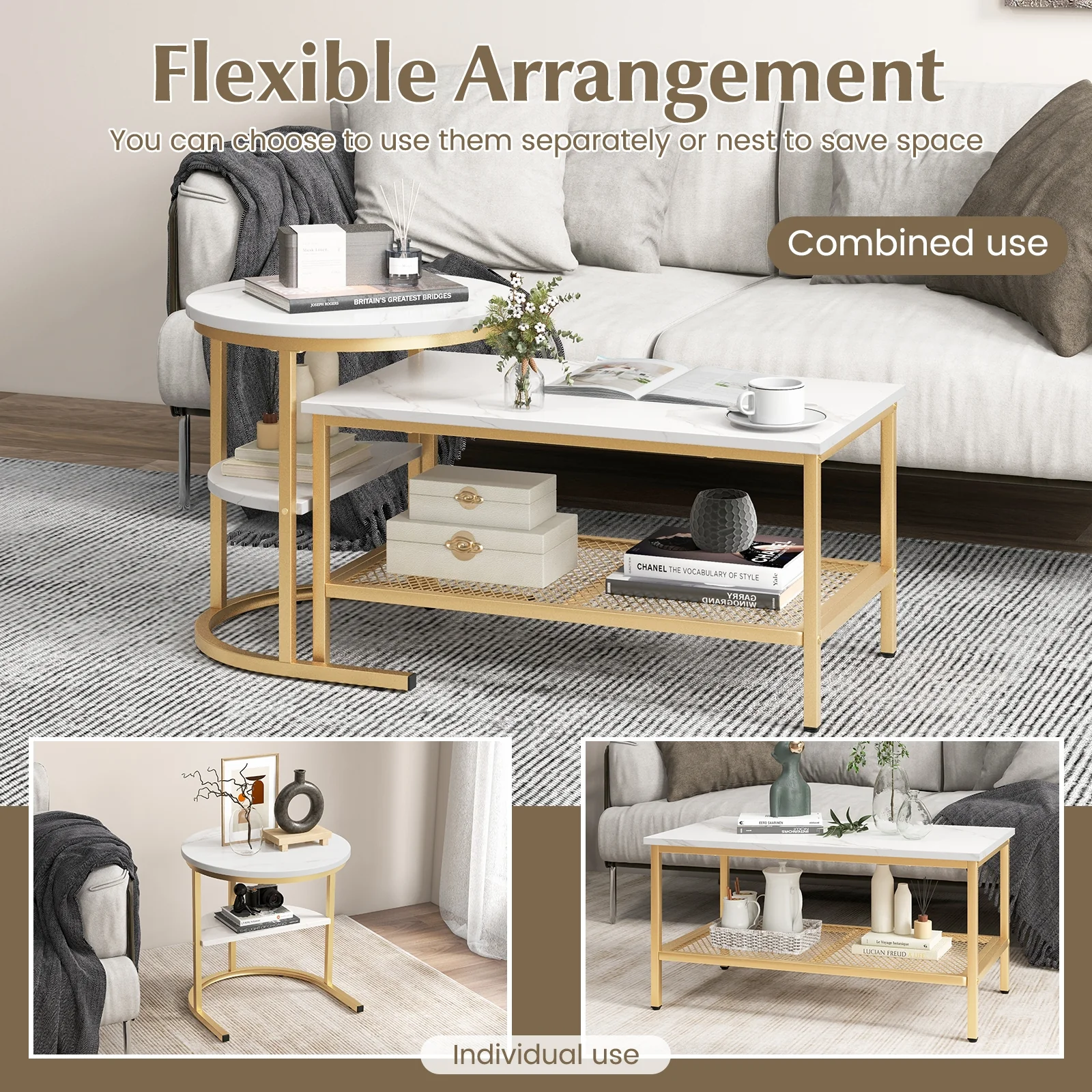 Nesting Coffee Table Set, 2 Piece, Golden - Image 10
