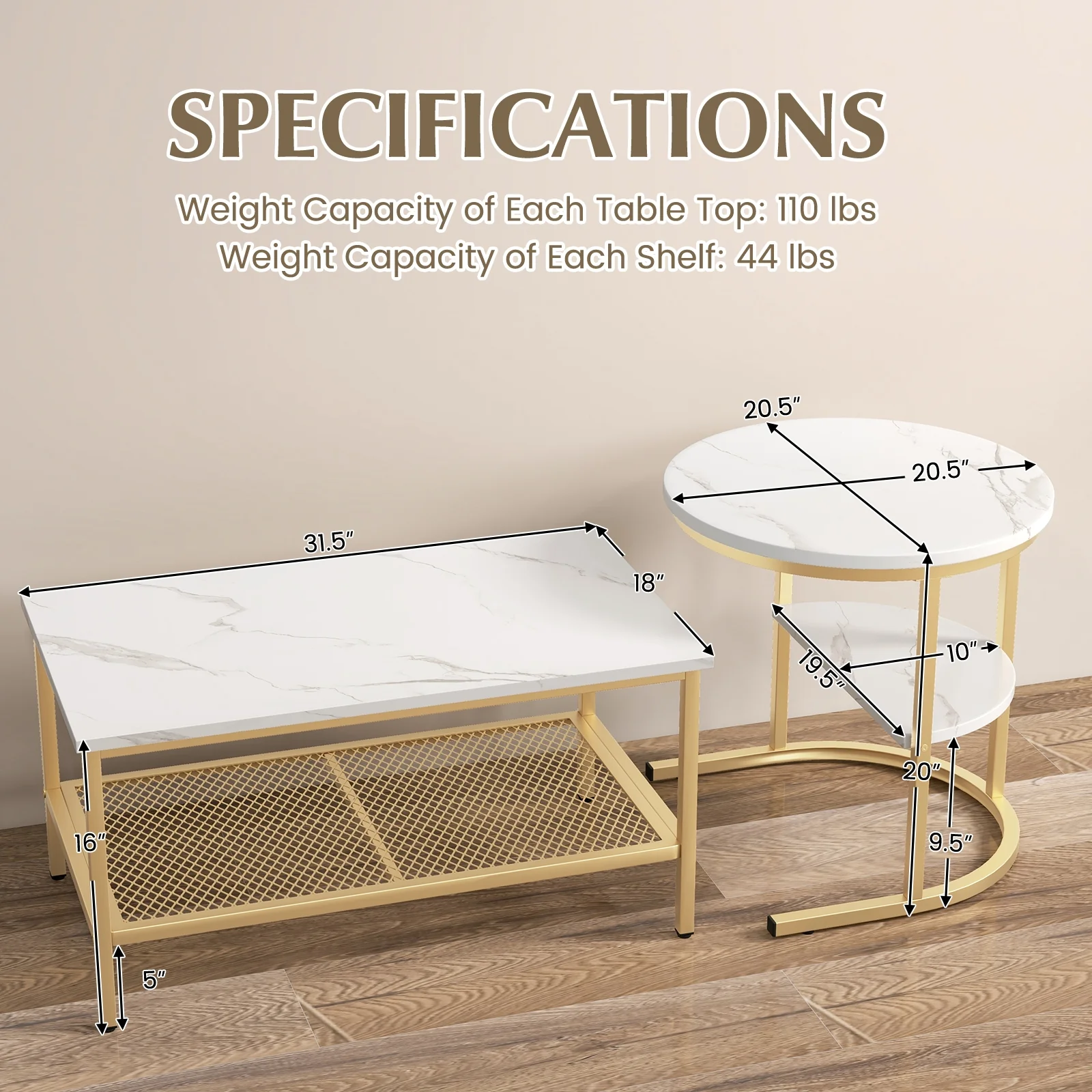Nesting Coffee Table Set, 2 Piece, Golden - Image 5