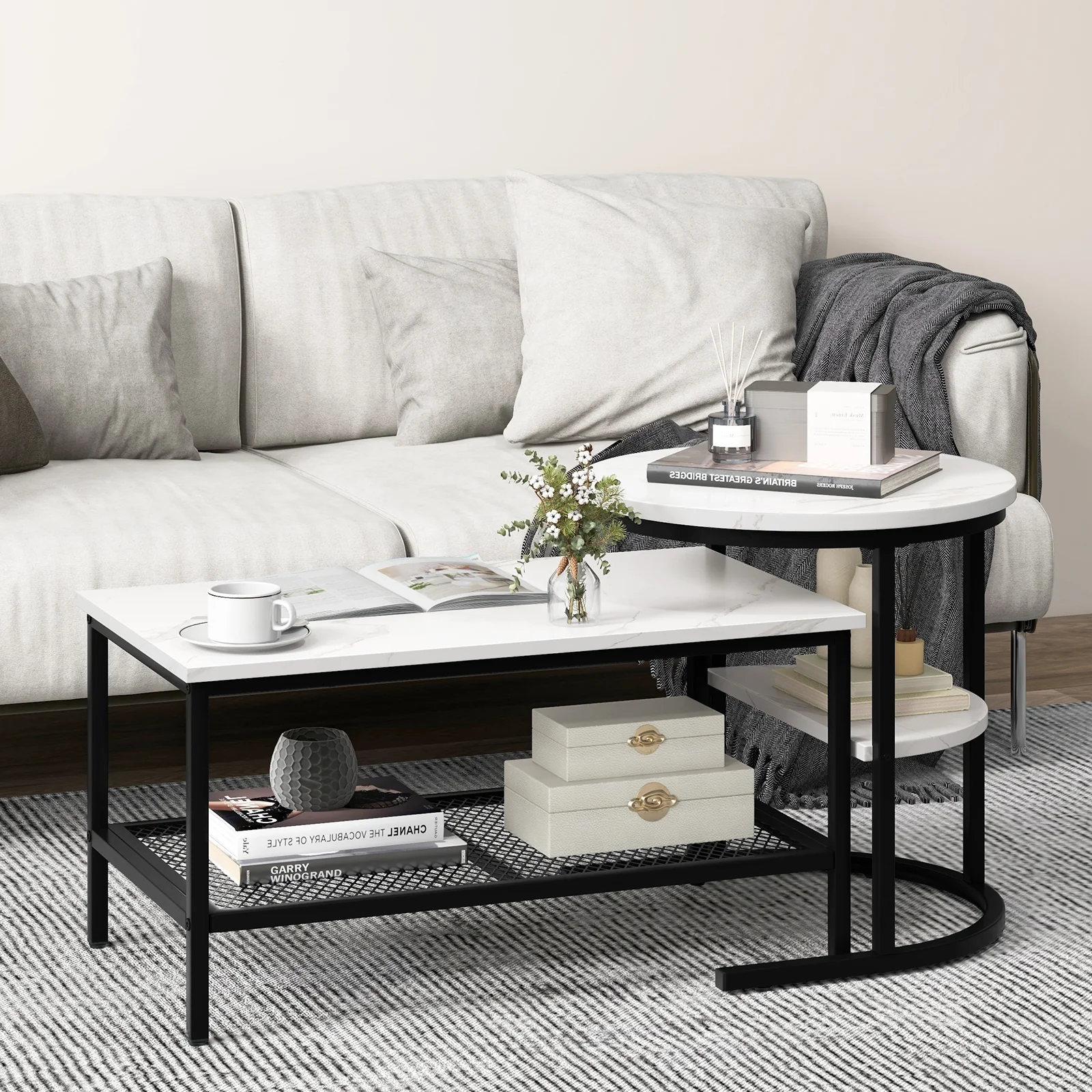 Nesting Coffee Table Set, 2-Piece, With Storage Shelf, Black - Image 2