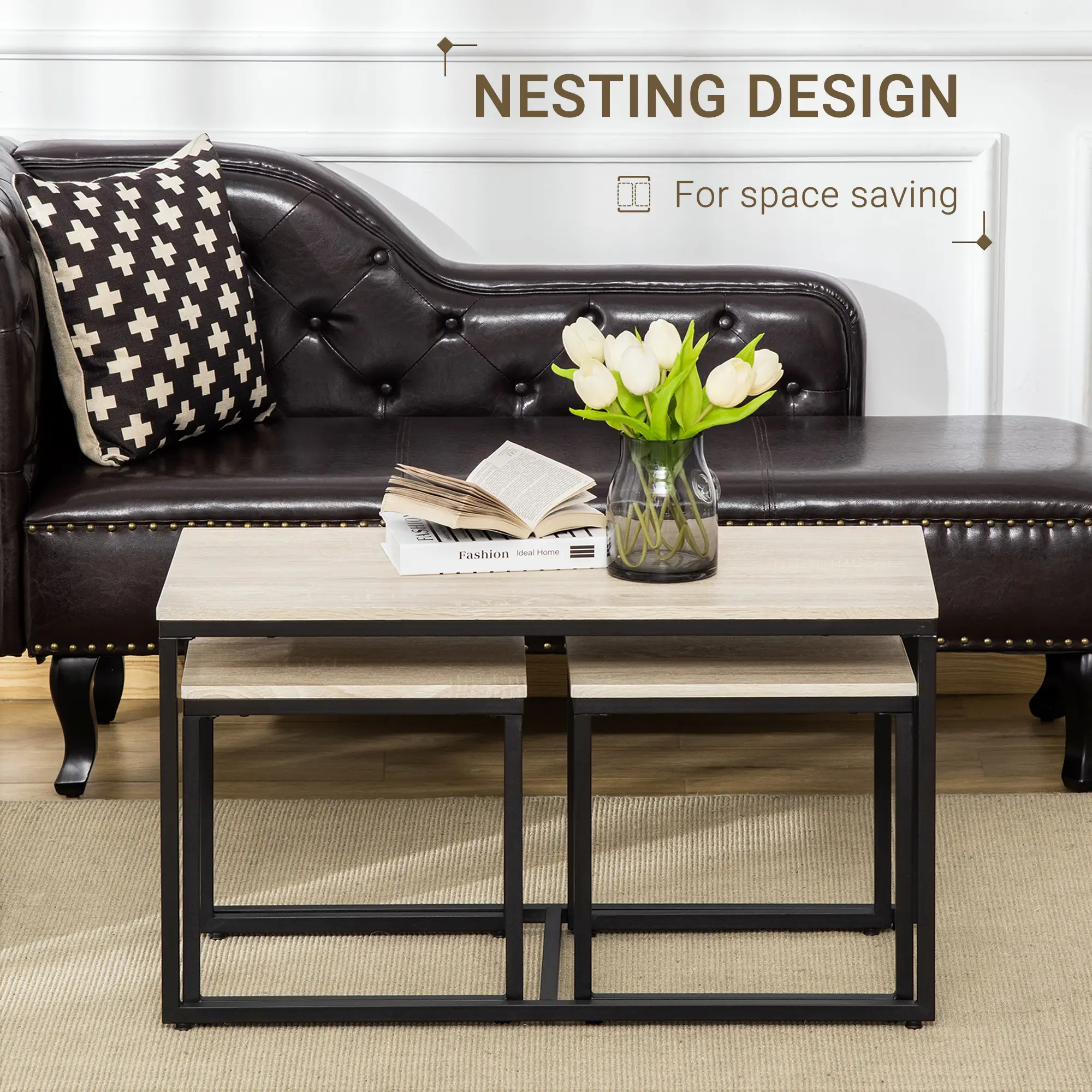 Nesting Coffee Table Set of 3, Metal Frame, Natural, Black - Image 4