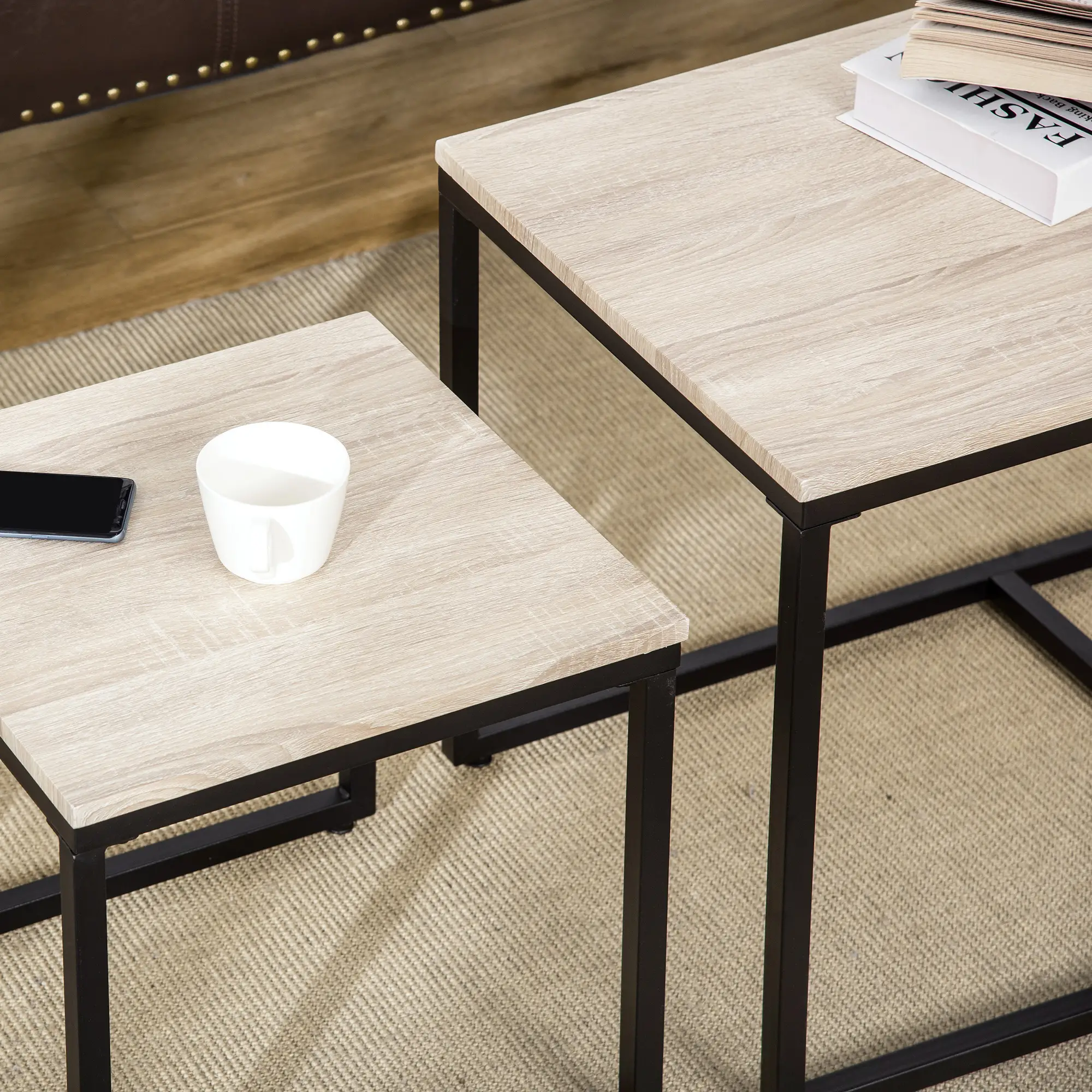 Nesting Coffee Table Set of 3, Metal Frame, Natural, Black - Image 9