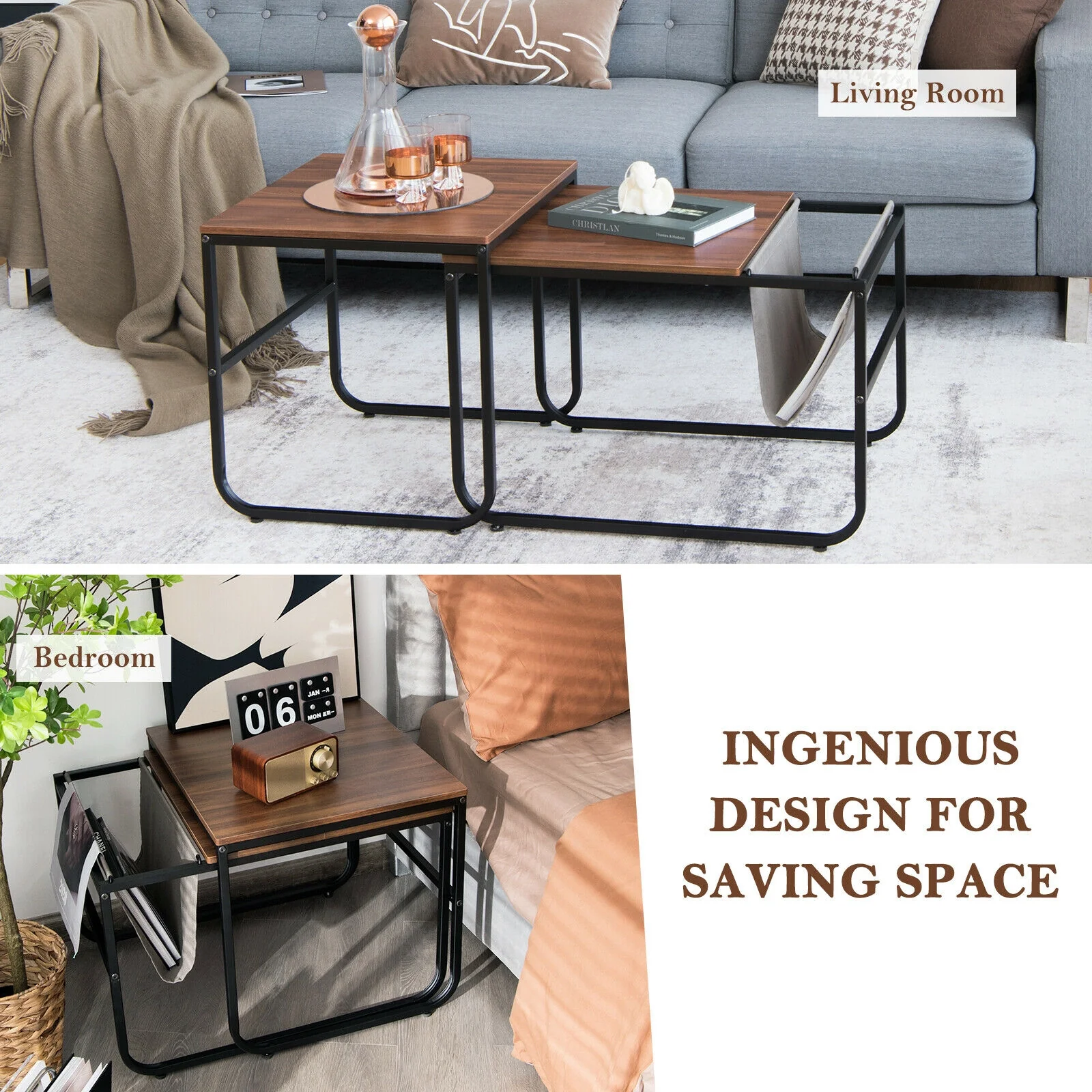 Nesting Coffee Tables, Set of 2, Side Pocket, Brown - Image 4