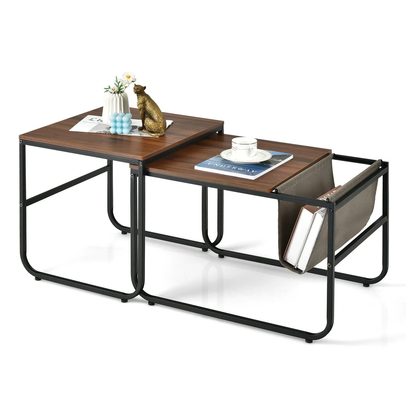 Nesting Coffee Tables, Set of 2, Side Pocket, Brown - Image 5