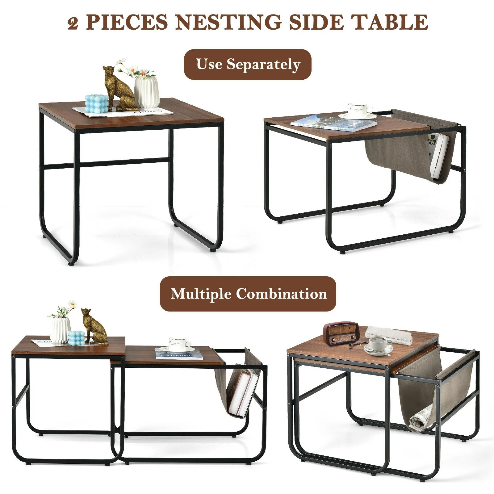 Nesting Coffee Tables, Set of 2, Side Pocket, Brown - Image 7