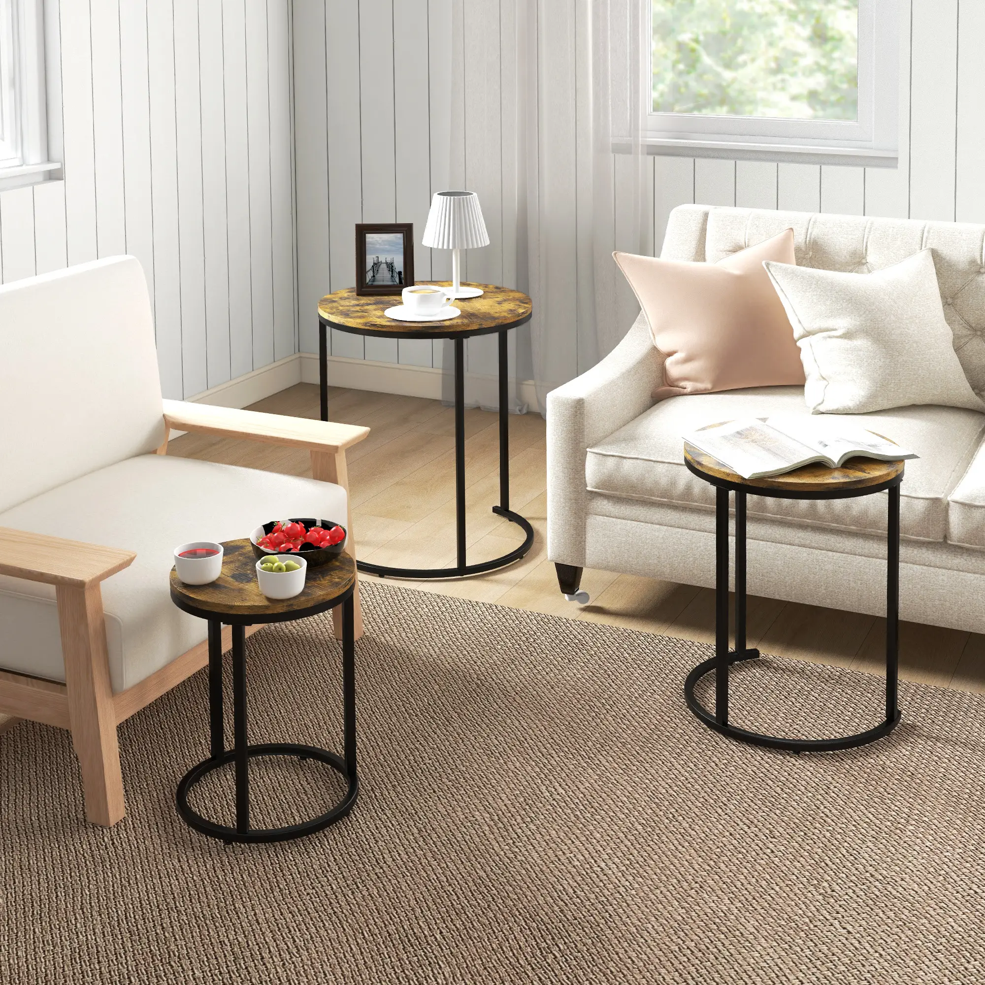 Nesting Coffee Tables Set of 3, Round Side Tables, Steel Frame, Rustic Brown - Image 2