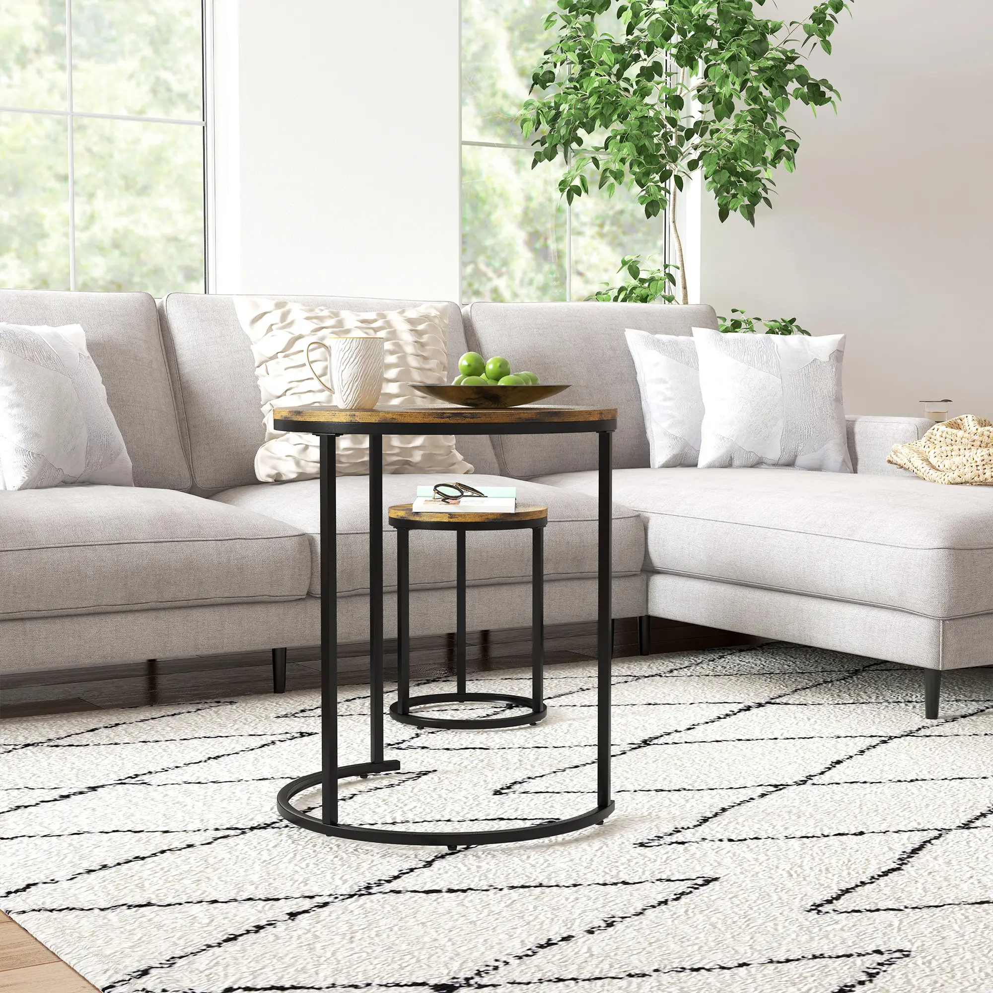 Nesting Coffee Tables Set of 3, Round Side Tables, Steel Frame, Rustic Brown - Image 7