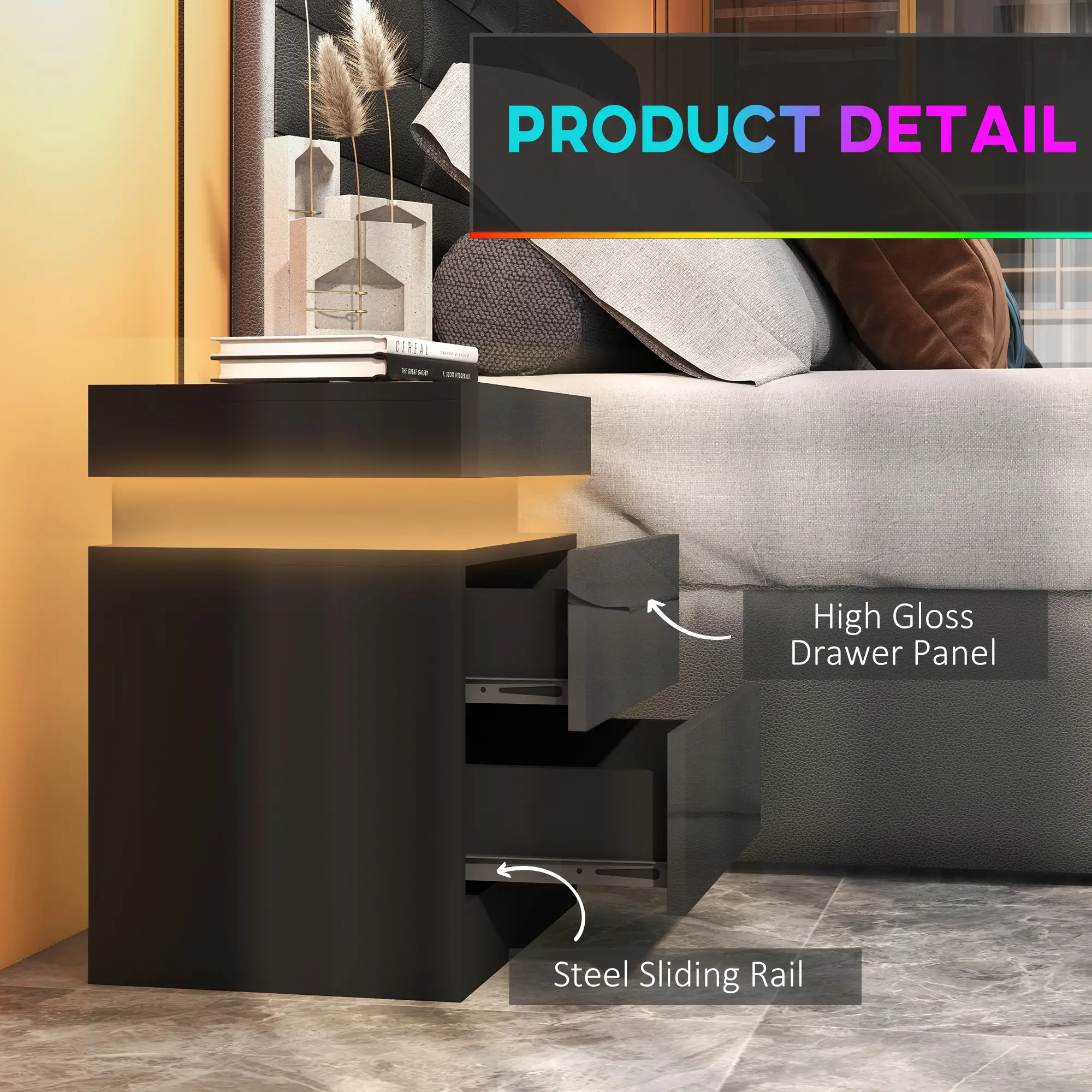 Nightstand, Bedside Table with LED Lights, 2 Drawers, Black - Image 7