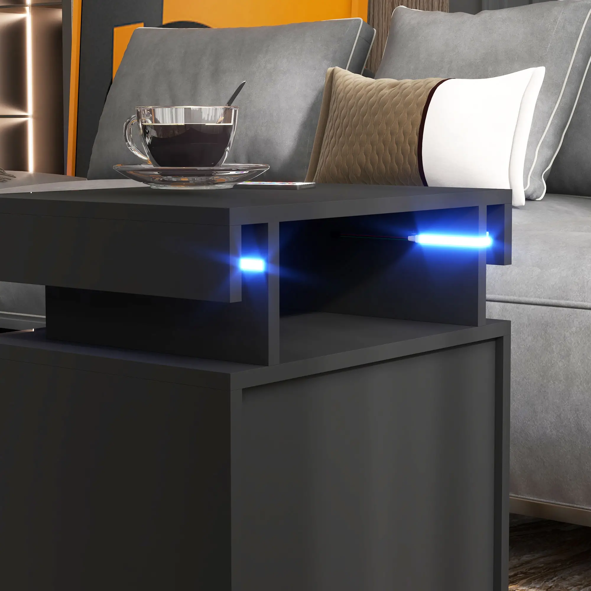 Nightstand, LED Lights, 2 Drawers, Cement Grey - Image 10