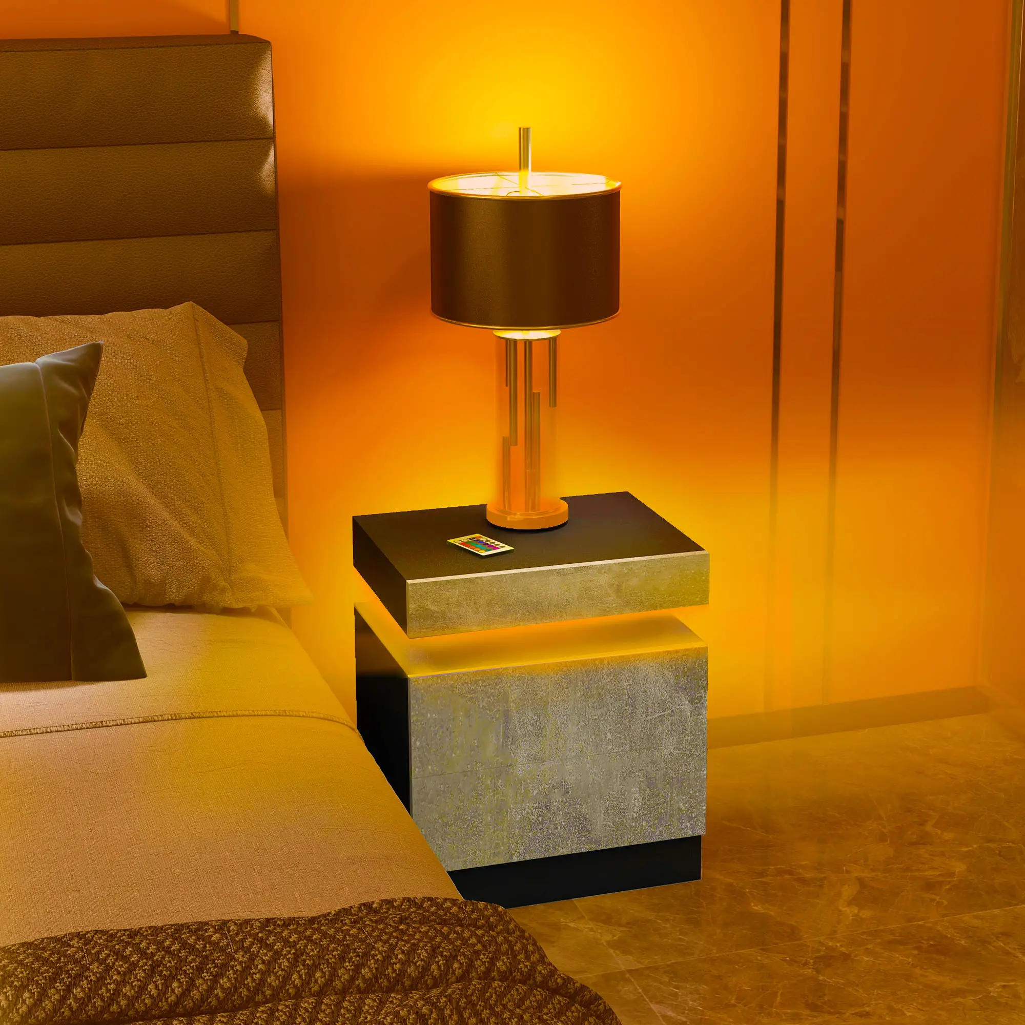 Nightstand, LED Lights, 2 Drawers, Cement Grey - Image 2