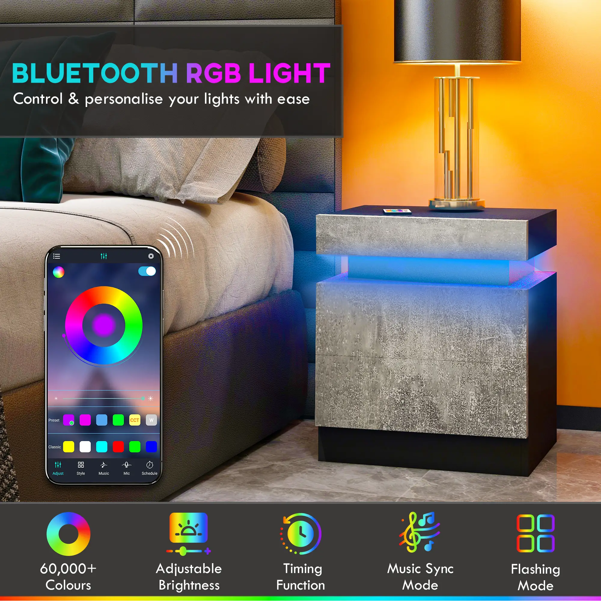 Nightstand, LED Lights, 2 Drawers, Cement Grey - Image 4