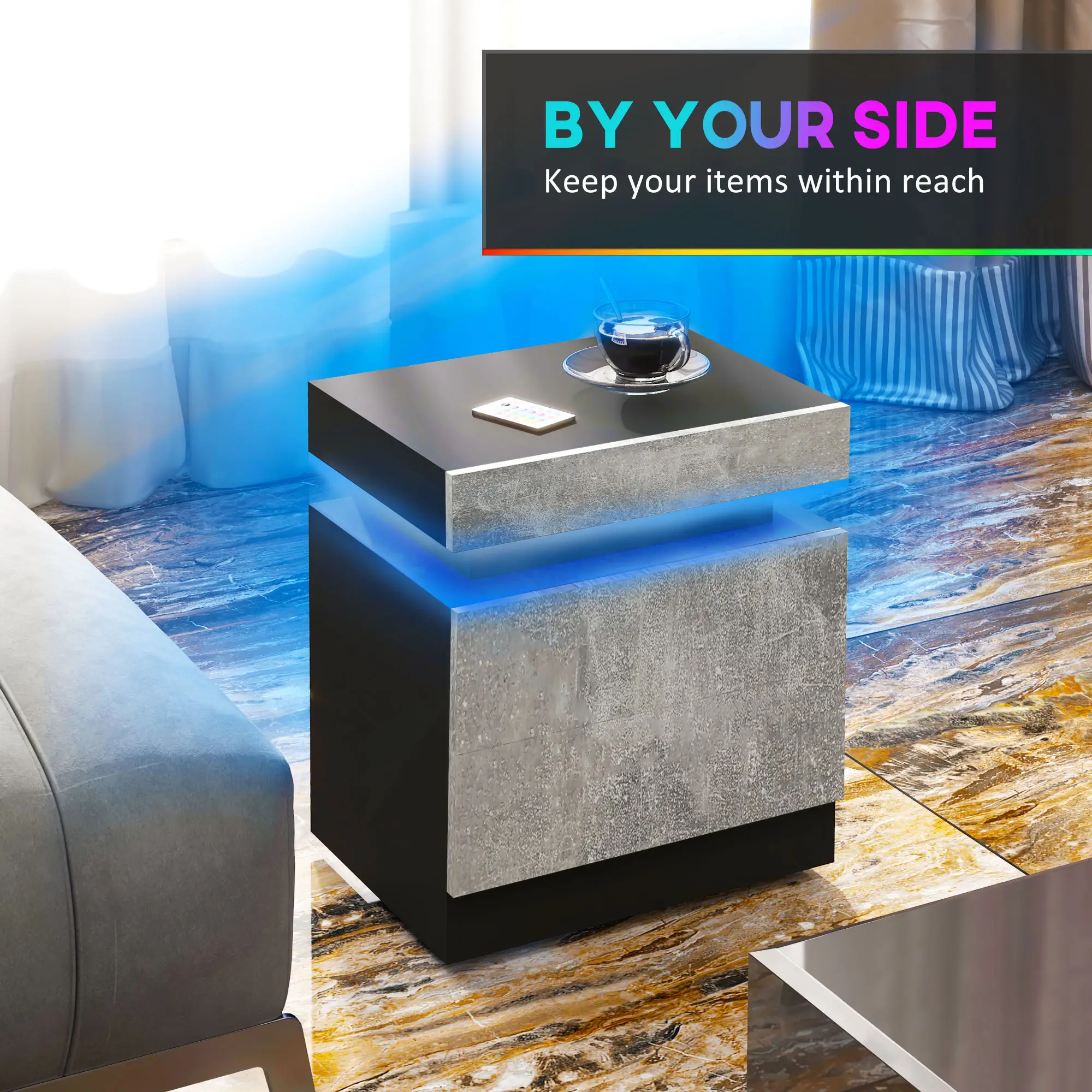 Nightstand, LED Lights, 2 Drawers, Cement Grey - Image 5