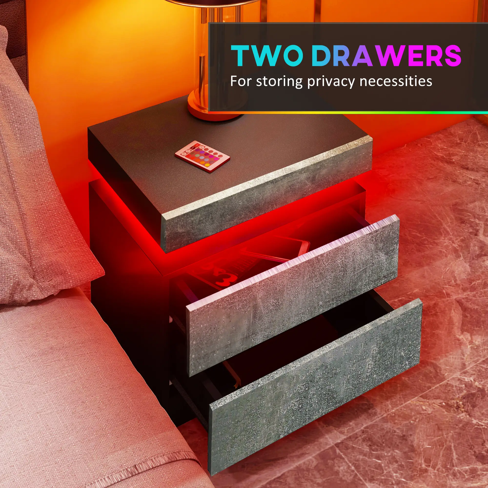 Nightstand, LED Lights, 2 Drawers, Cement Grey - Image 6