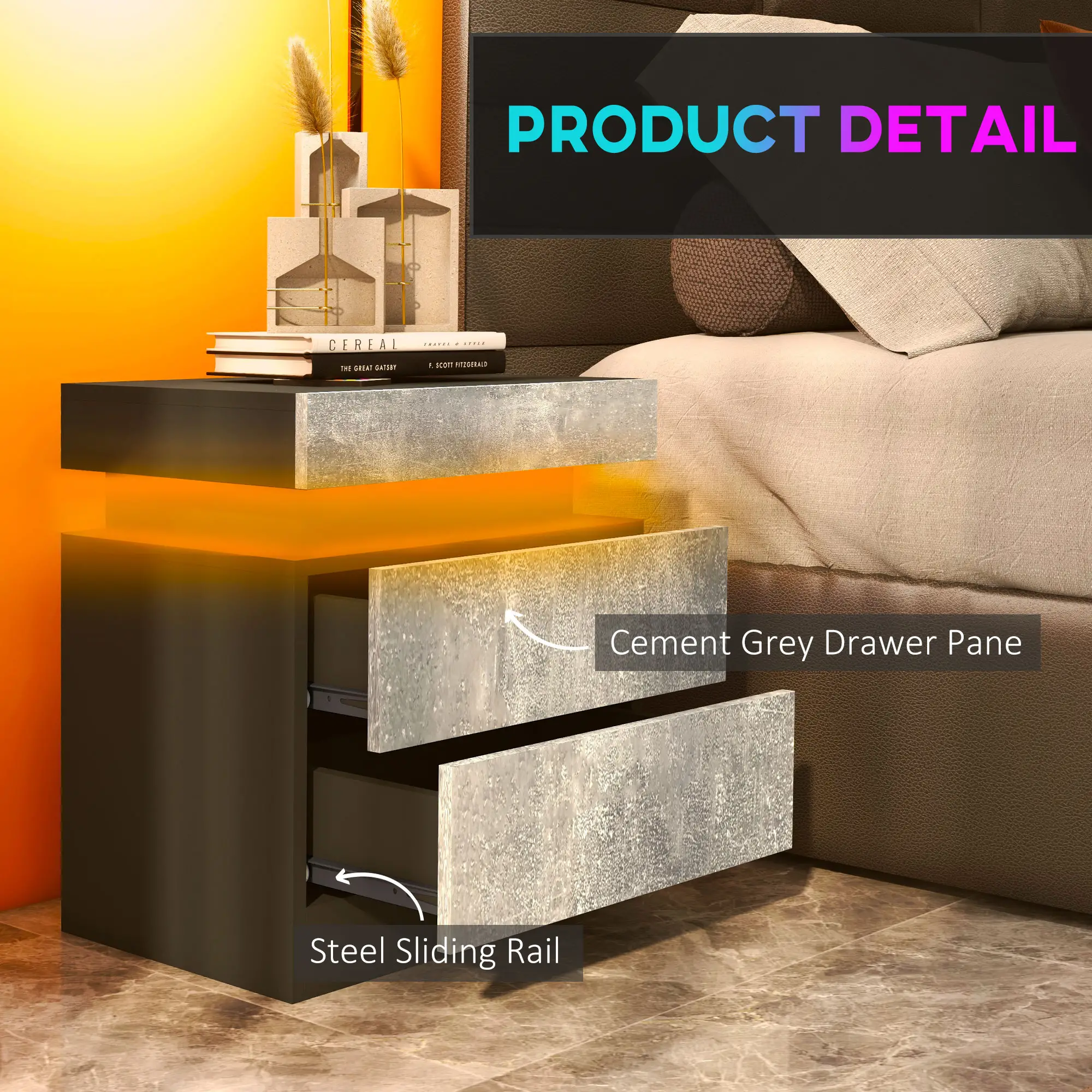 Nightstand, LED Lights, 2 Drawers, Cement Grey - Image 7