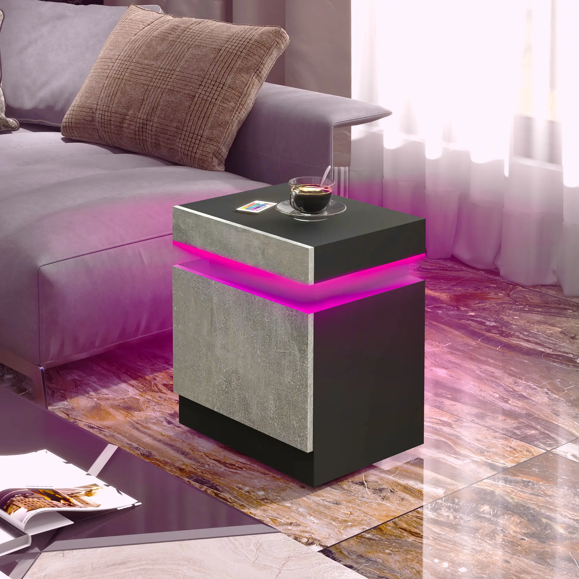 Nightstand, LED Lights, 2 Drawers, Cement Grey - Image 8