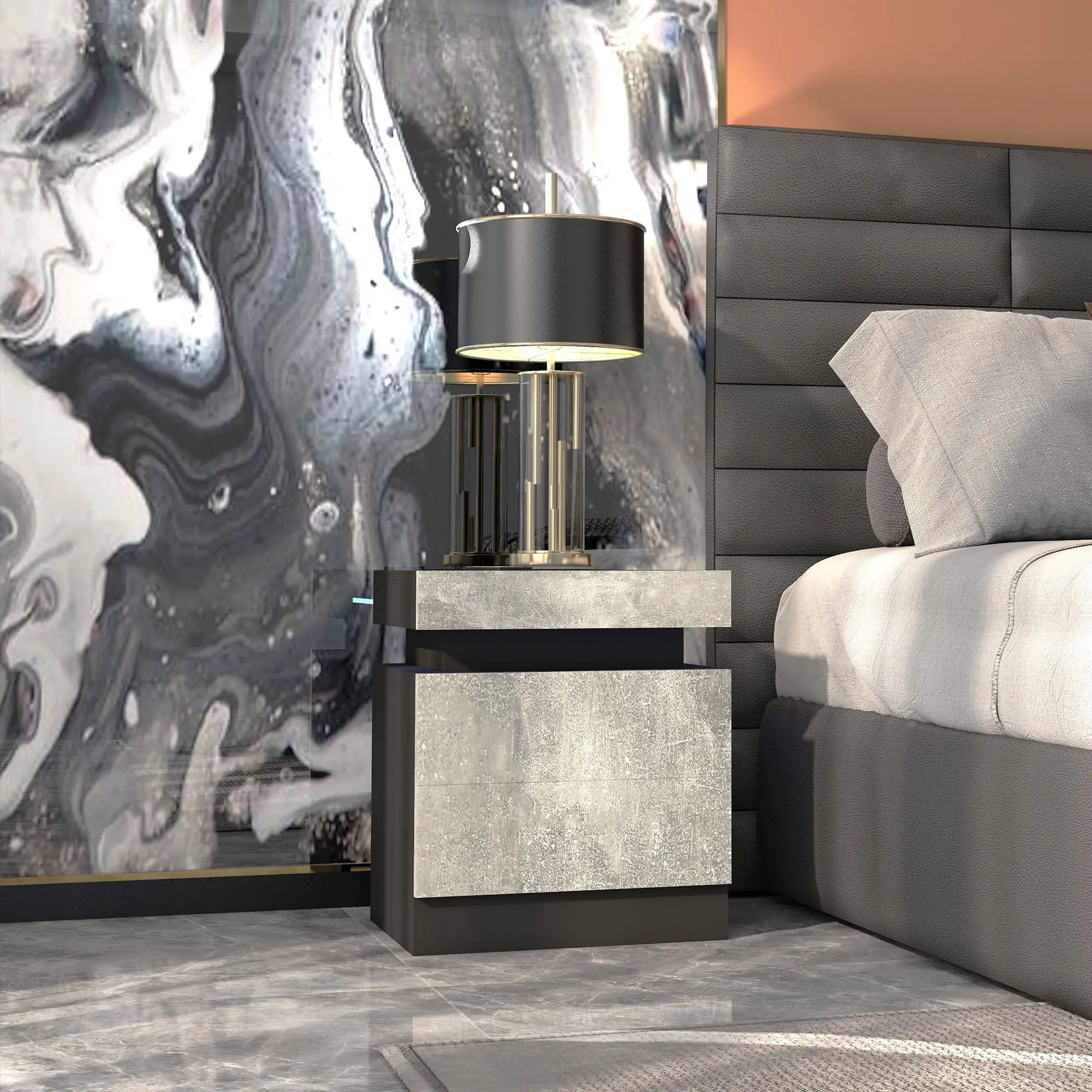 Nightstand, LED Lights, 2 Drawers, Cement Grey - Image 9