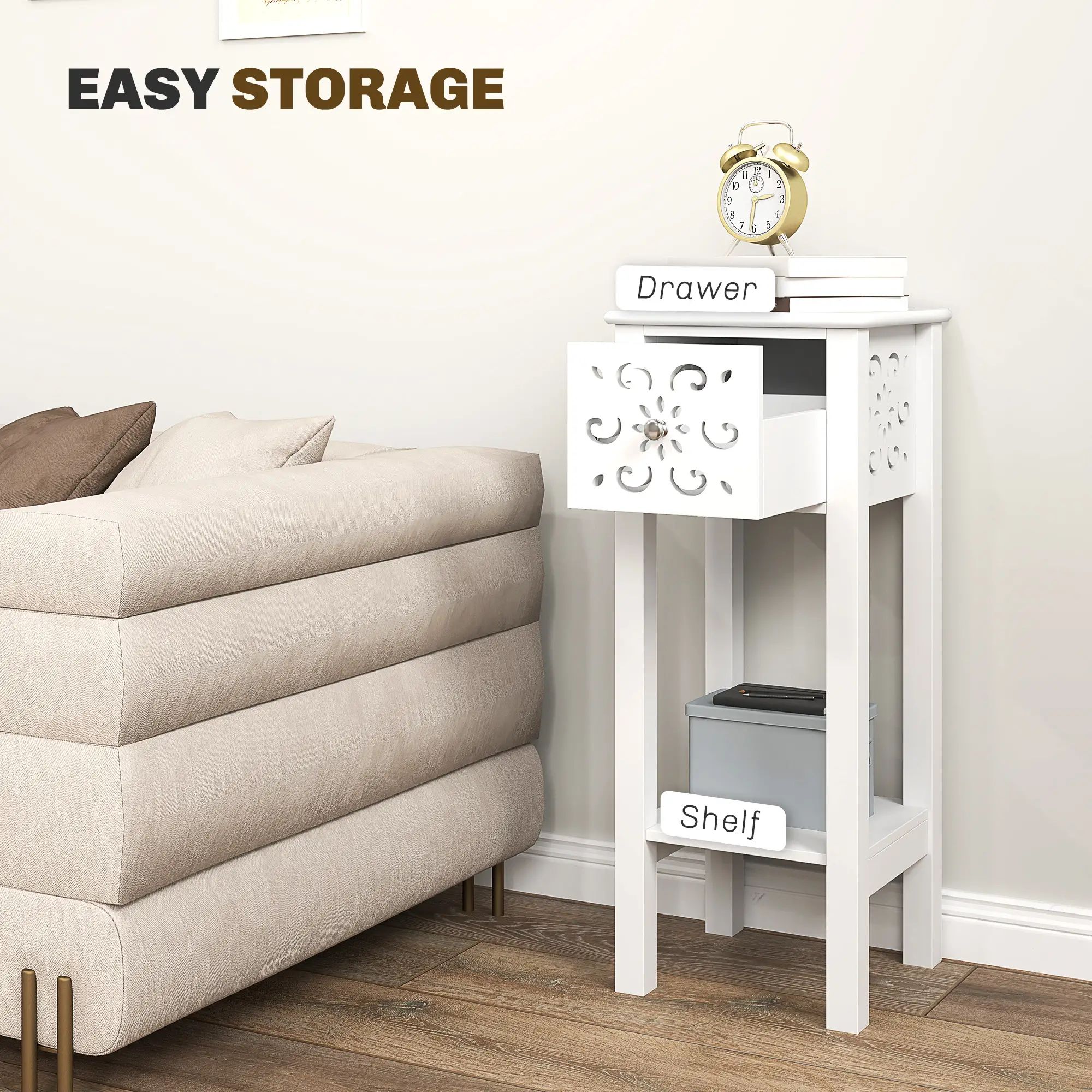 Nightstand Set of 2, Drawer and Open Shelf, White - Image 5