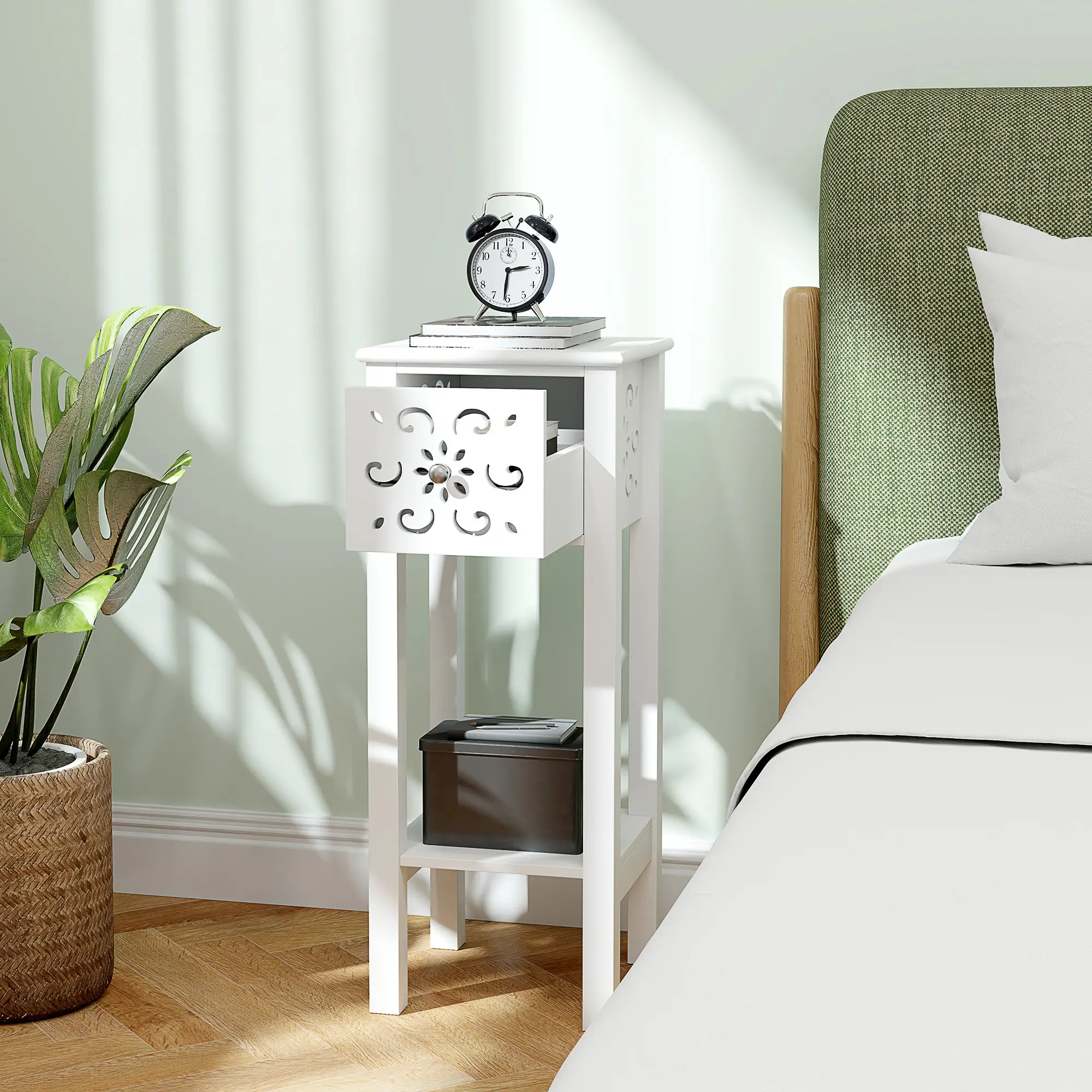 Nightstand Set of 2, Drawer and Open Shelf, White - Image 7
