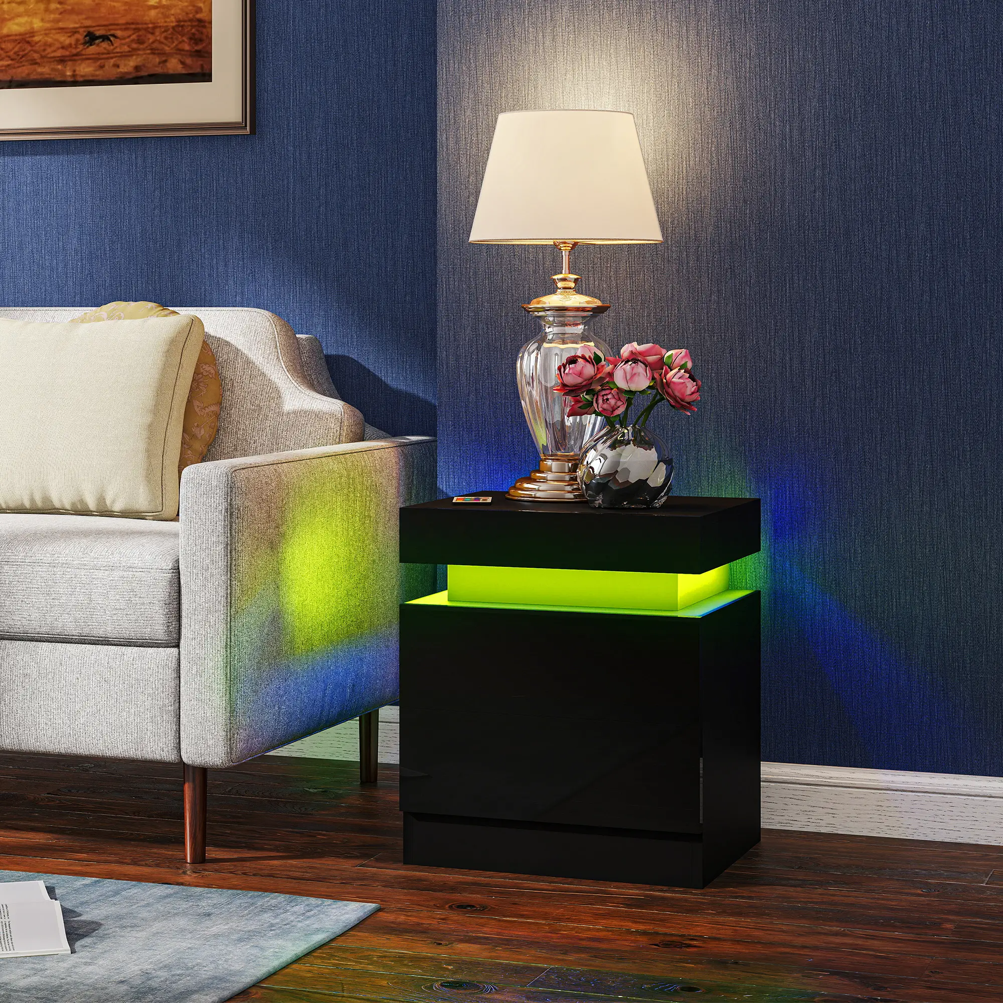 Nightstand Set of 2, End Tables with LED Lights, 2 Drawers, Black - Image 10