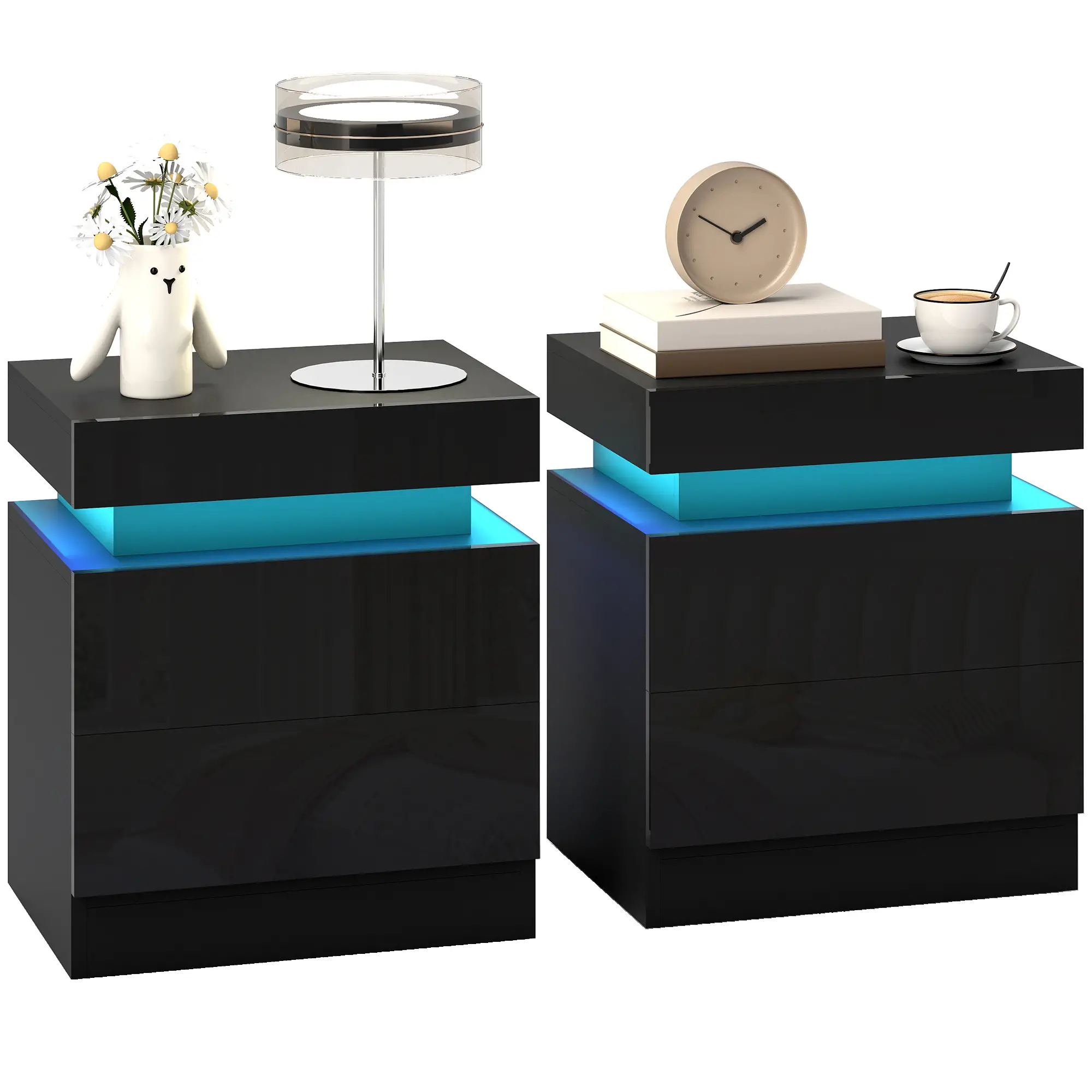 Nightstand Set of 2, End Tables with LED Lights, 2 Drawers, Black - Image 11