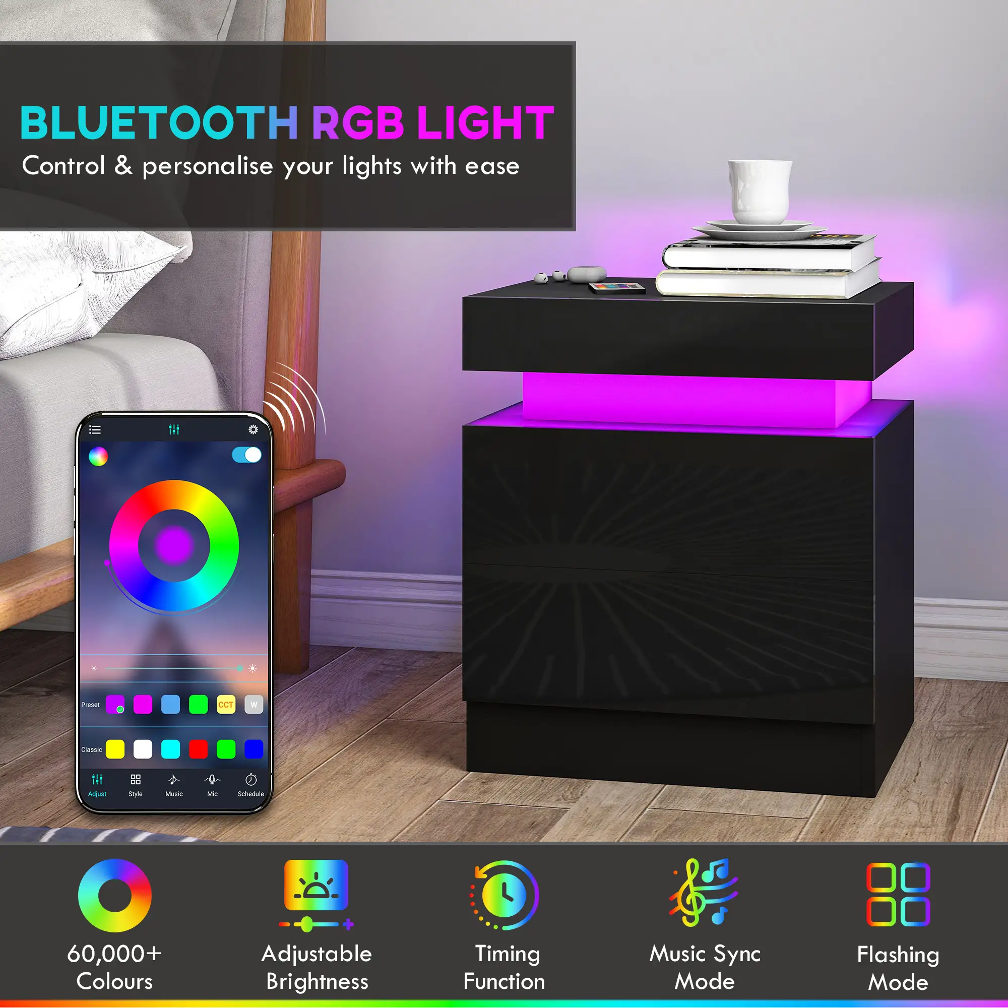 Nightstand Set of 2, End Tables with LED Lights, 2 Drawers, Black - Image 4