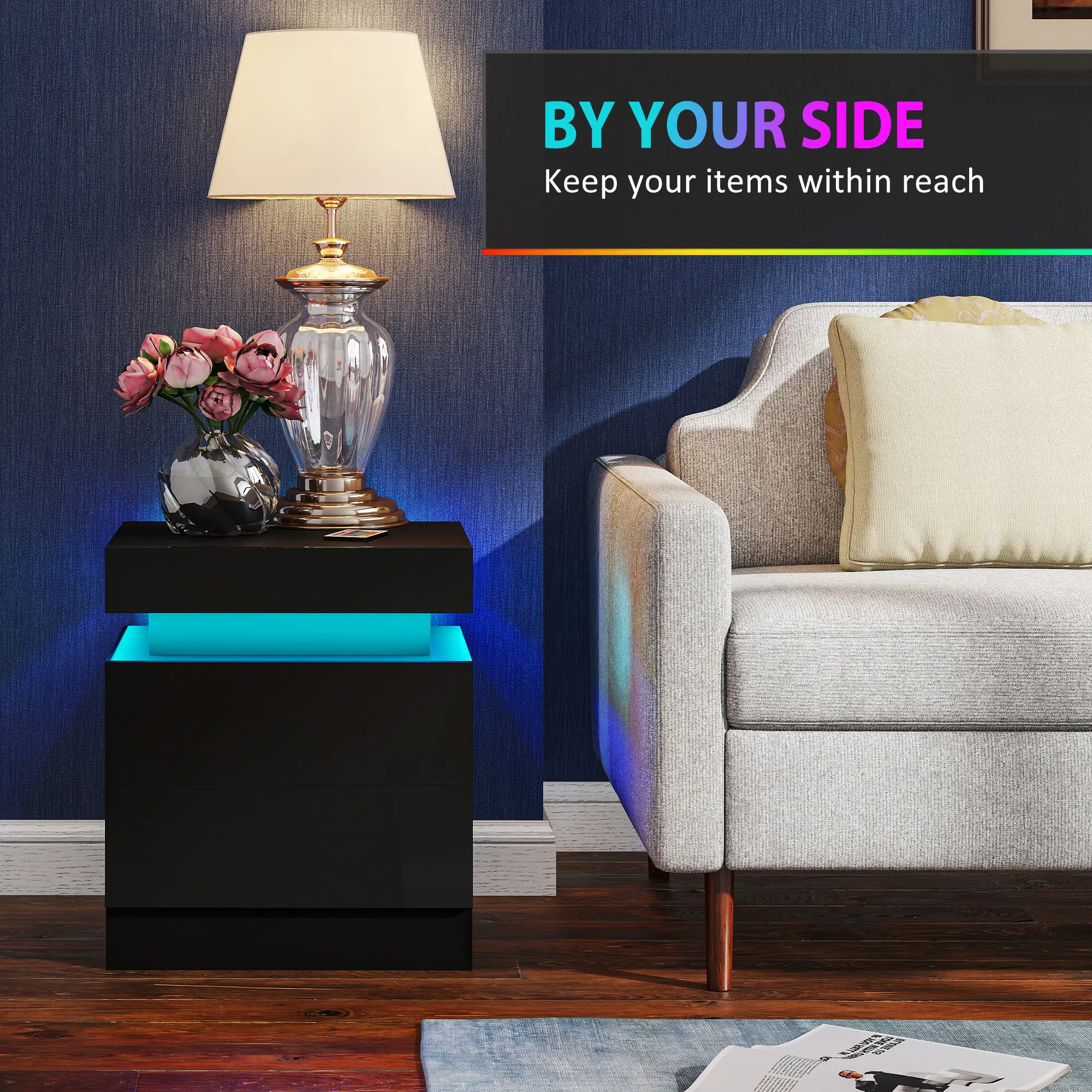 Nightstand Set of 2, End Tables with LED Lights, 2 Drawers, Black - Image 5