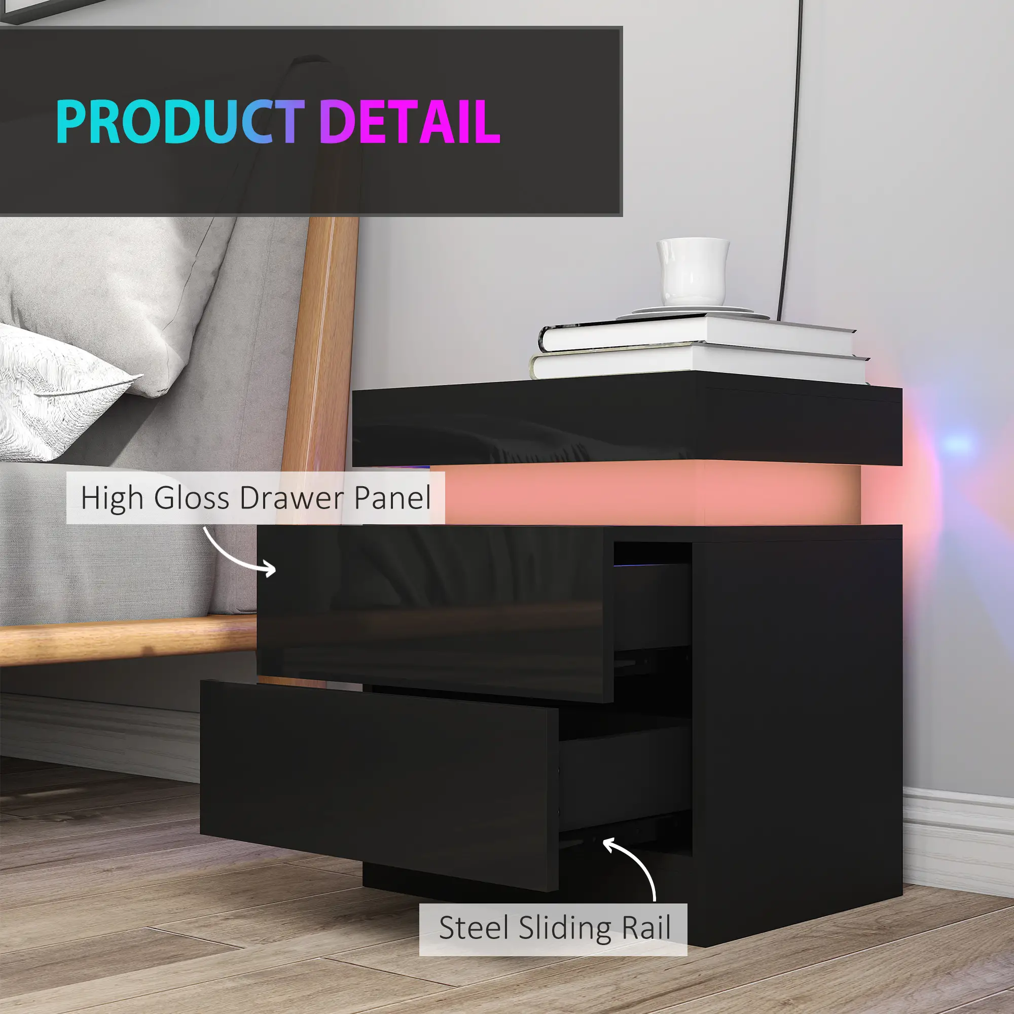 Nightstand Set of 2, End Tables with LED Lights, 2 Drawers, Black - Image 7