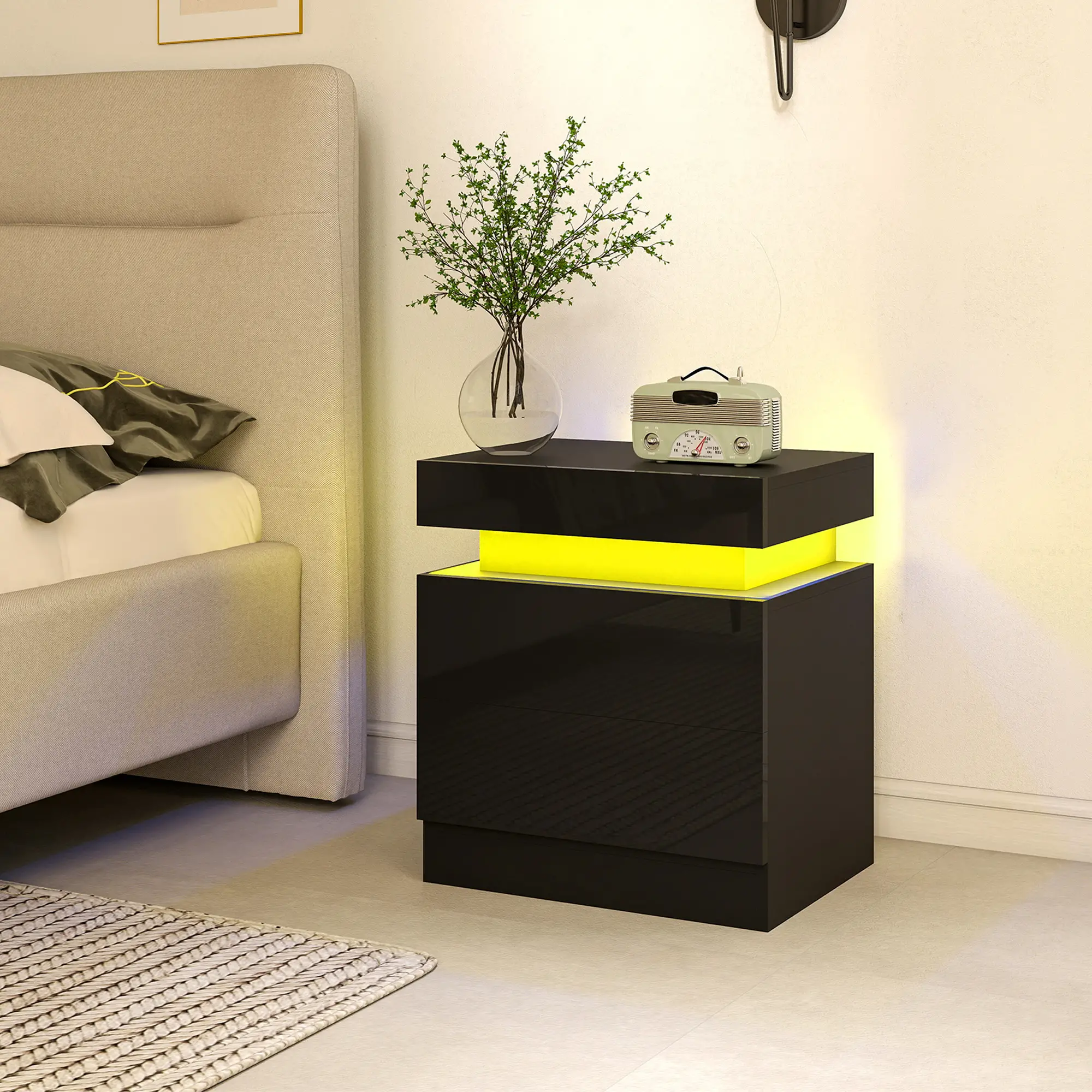 Nightstand Set of 2, End Tables with LED Lights, 2 Drawers, Black - Image 9