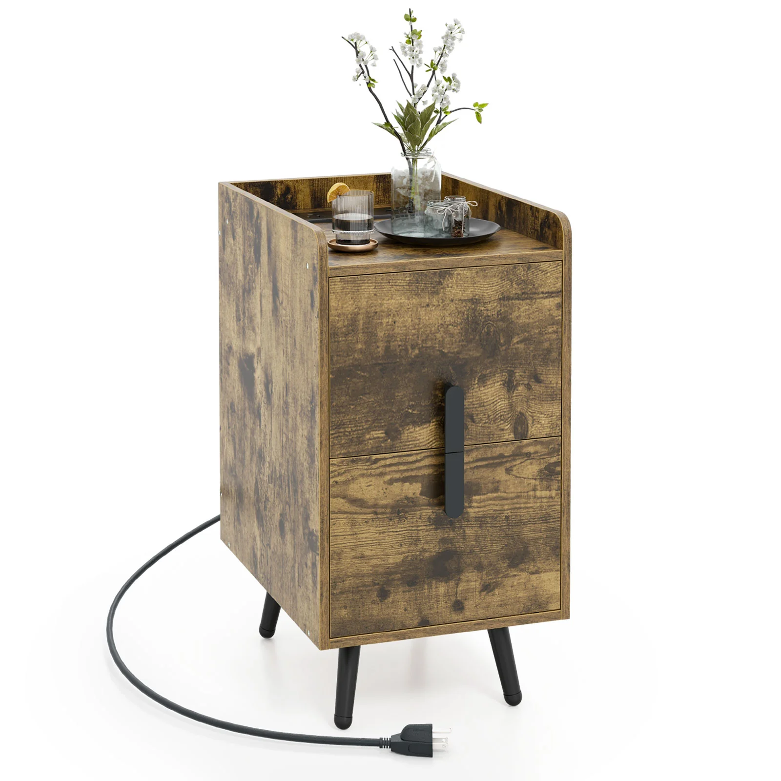 Nightstand Side Tables, 2 Drawers, 2 USB Ports, Rustic Brown