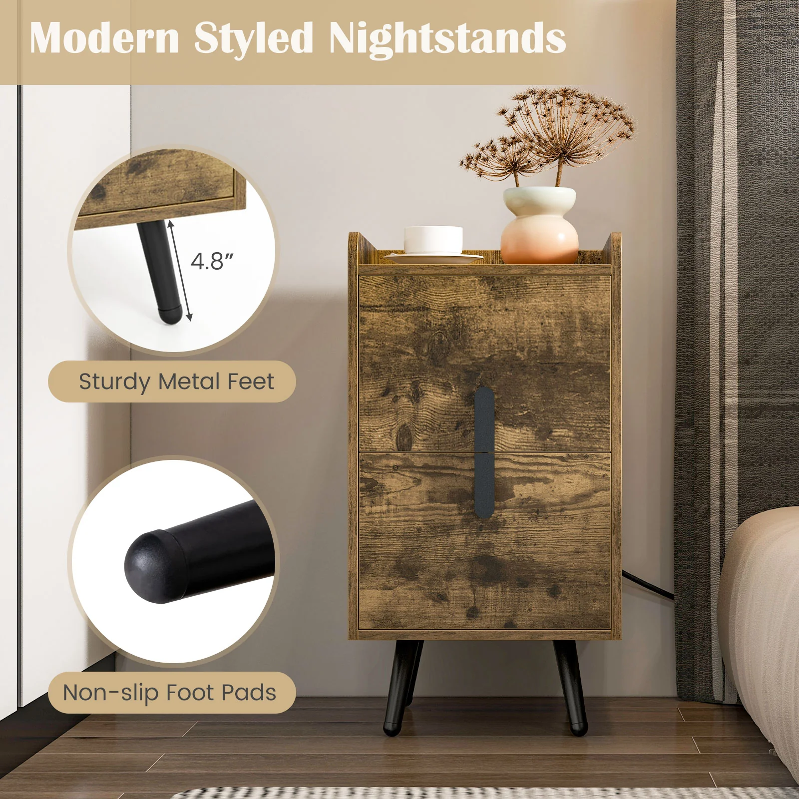 Nightstand Side Tables, 2 Drawers, 2 USB Ports, Rustic Brown - Image 10