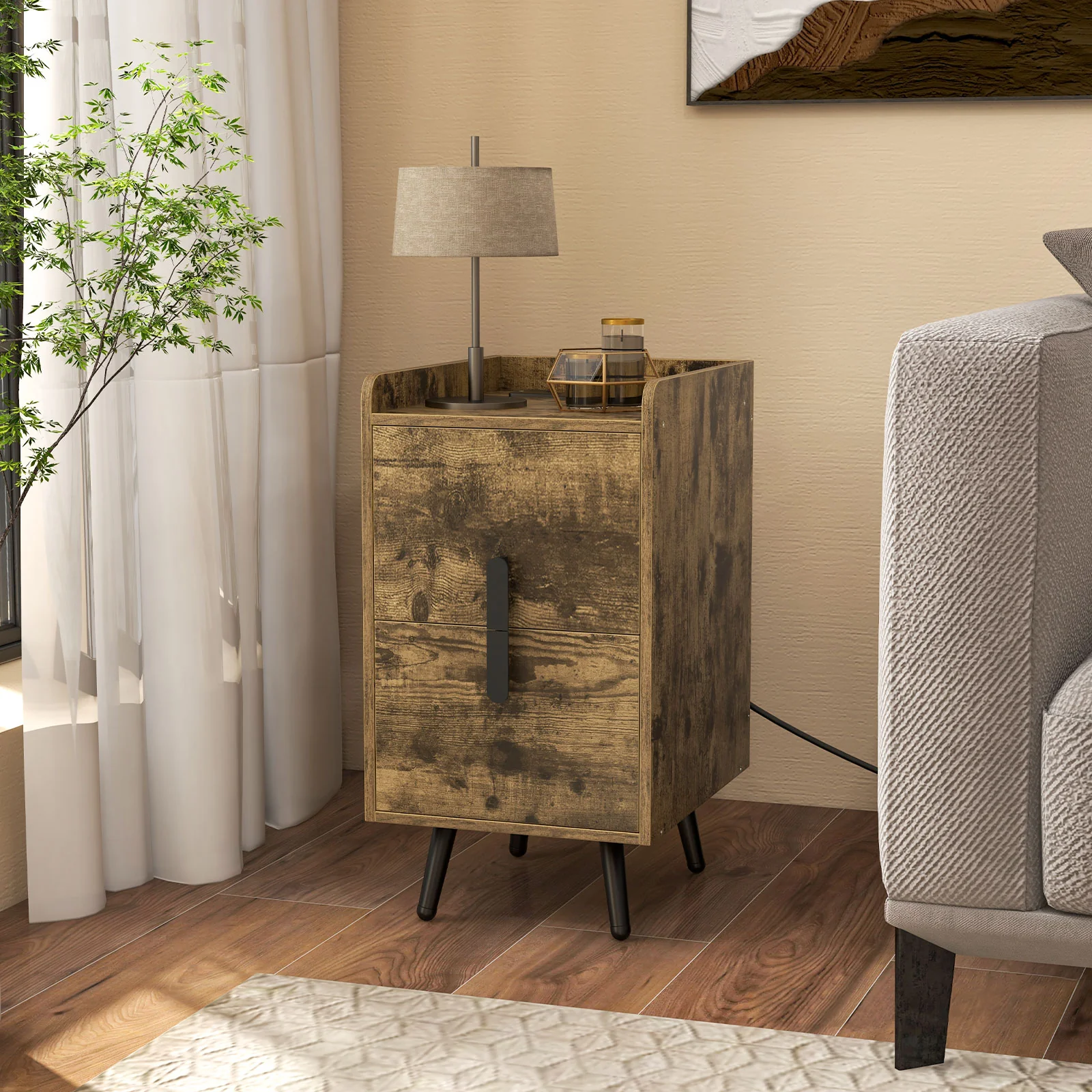 Nightstand Side Tables, 2 Drawers, 2 USB Ports, Rustic Brown - Image 2