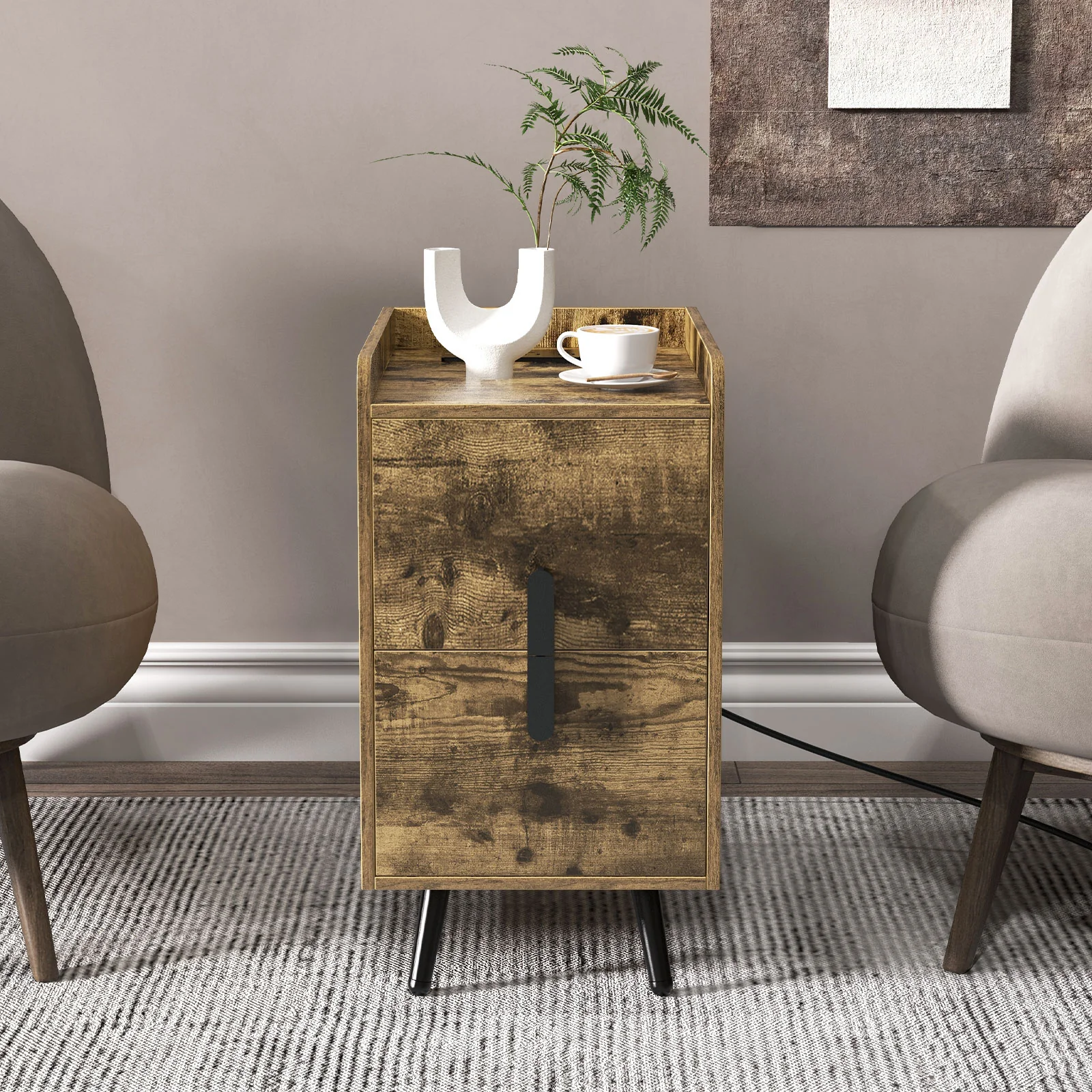 Nightstand Side Tables, 2 Drawers, 2 USB Ports, Rustic Brown - Image 3