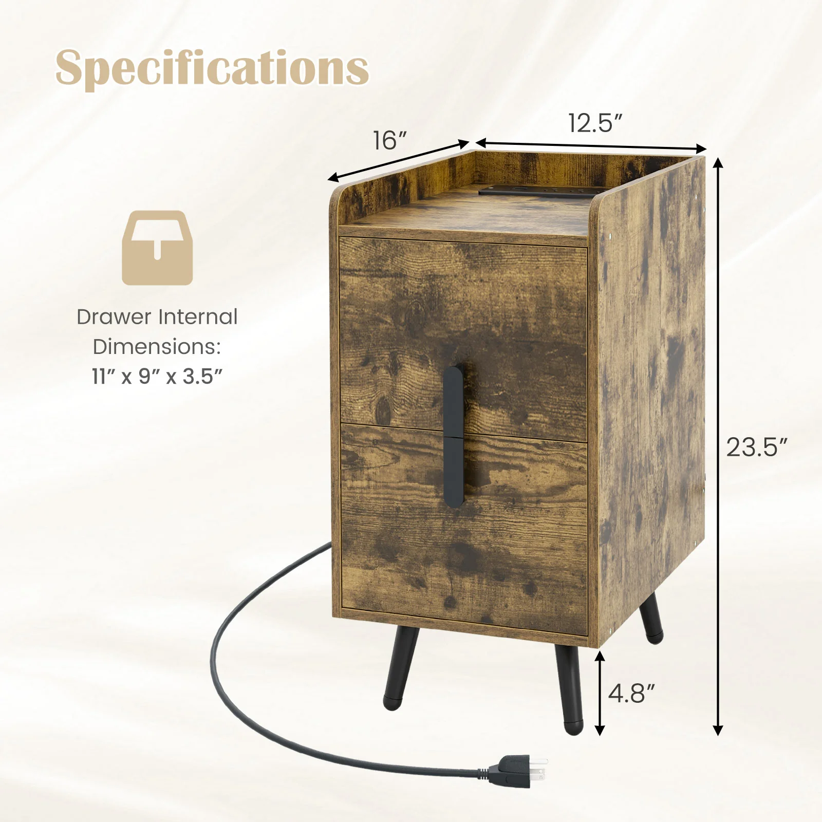 Nightstand Side Tables, 2 Drawers, 2 USB Ports, Rustic Brown - Image 6