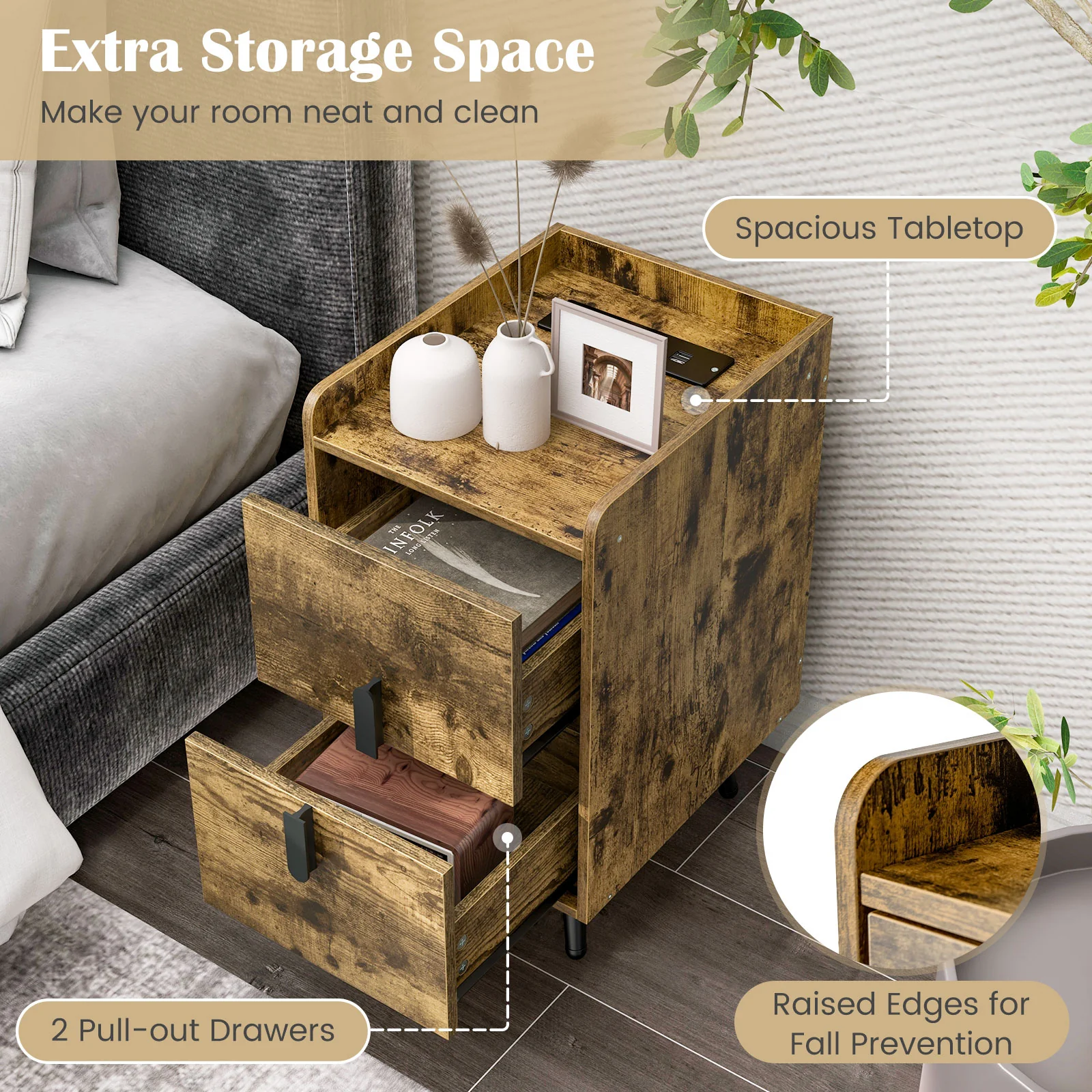 Nightstand Side Tables, 2 Drawers, 2 USB Ports, Rustic Brown - Image 9