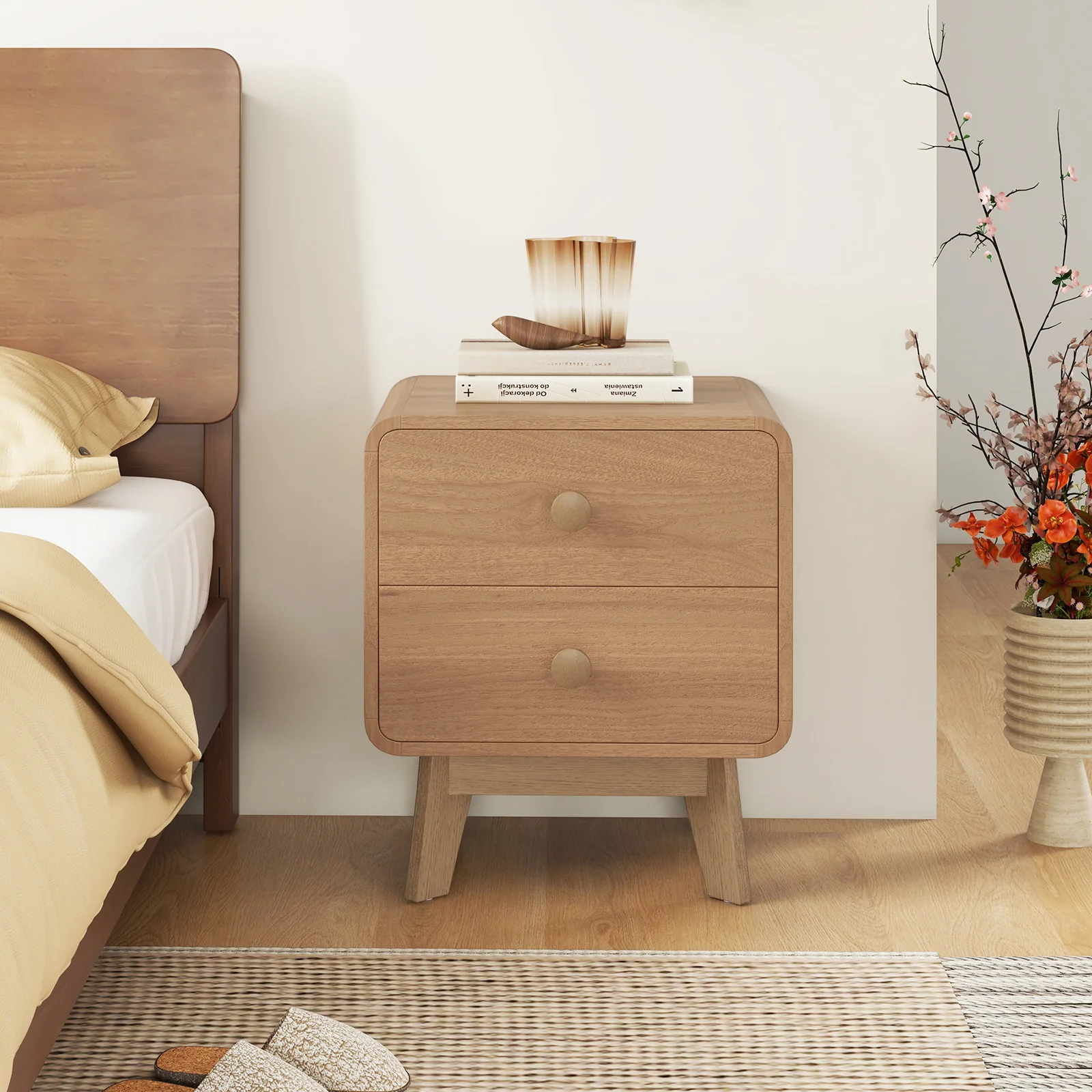 Nightstand With 2 Drawers, Solid Rubber Wood Legs, Brown - Image 2