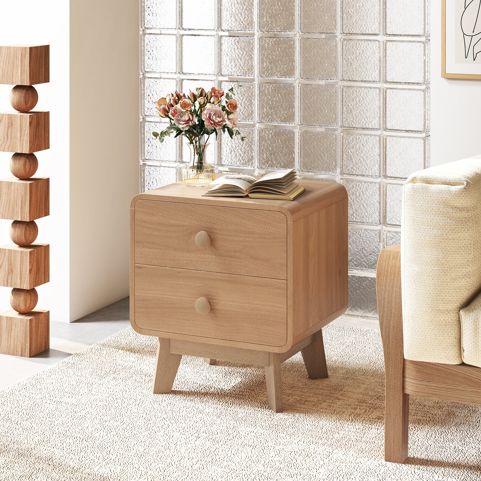 Nightstand With 2 Drawers, Solid Rubber Wood Legs, Brown - Image 3