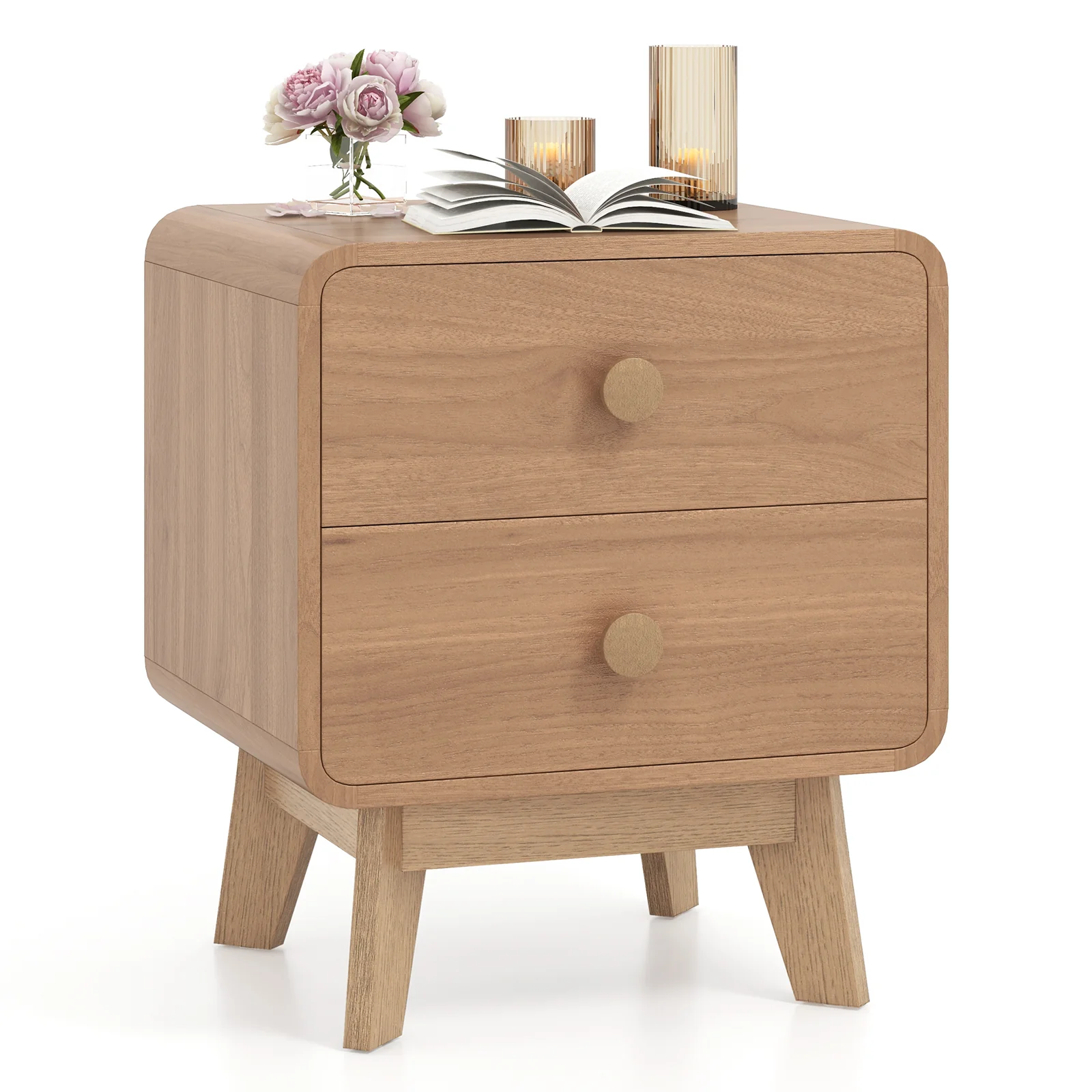 Nightstand With 2 Drawers, Solid Rubber Wood Legs, Brown - Image 4
