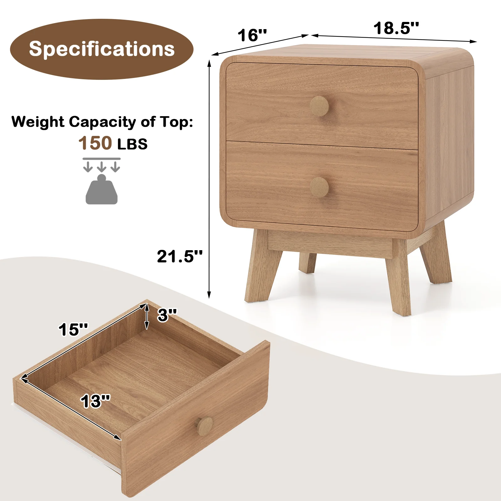 Nightstand With 2 Drawers, Solid Rubber Wood Legs, Brown - Image 6