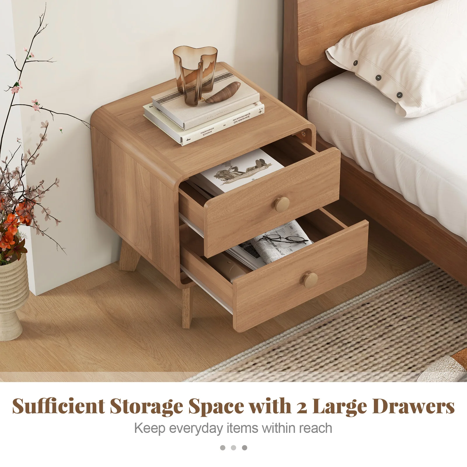 Nightstand With 2 Drawers, Solid Rubber Wood Legs, Brown - Image 9