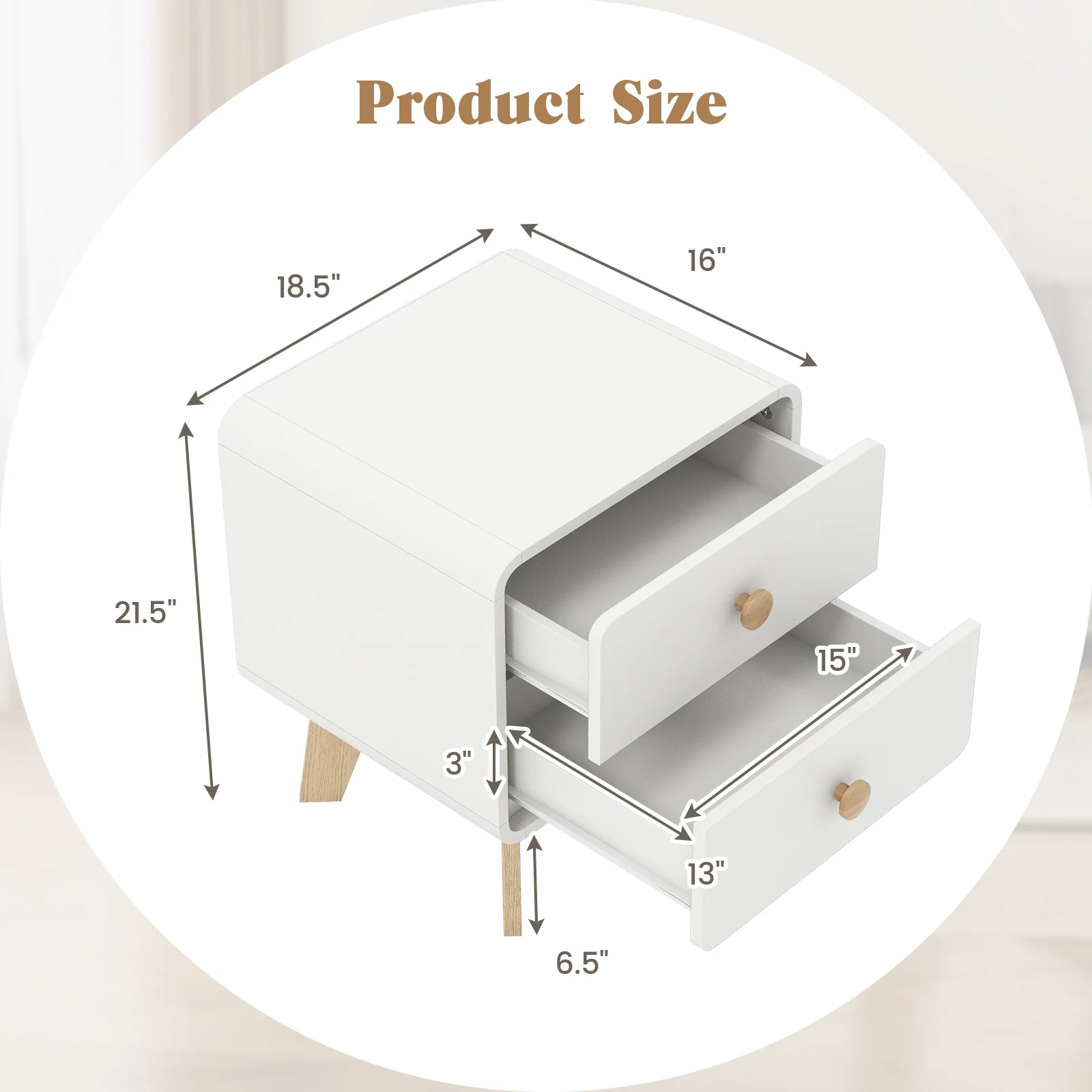 Nightstand With 2 Drawers, Solid Rubber Wood Legs, White - Image 6