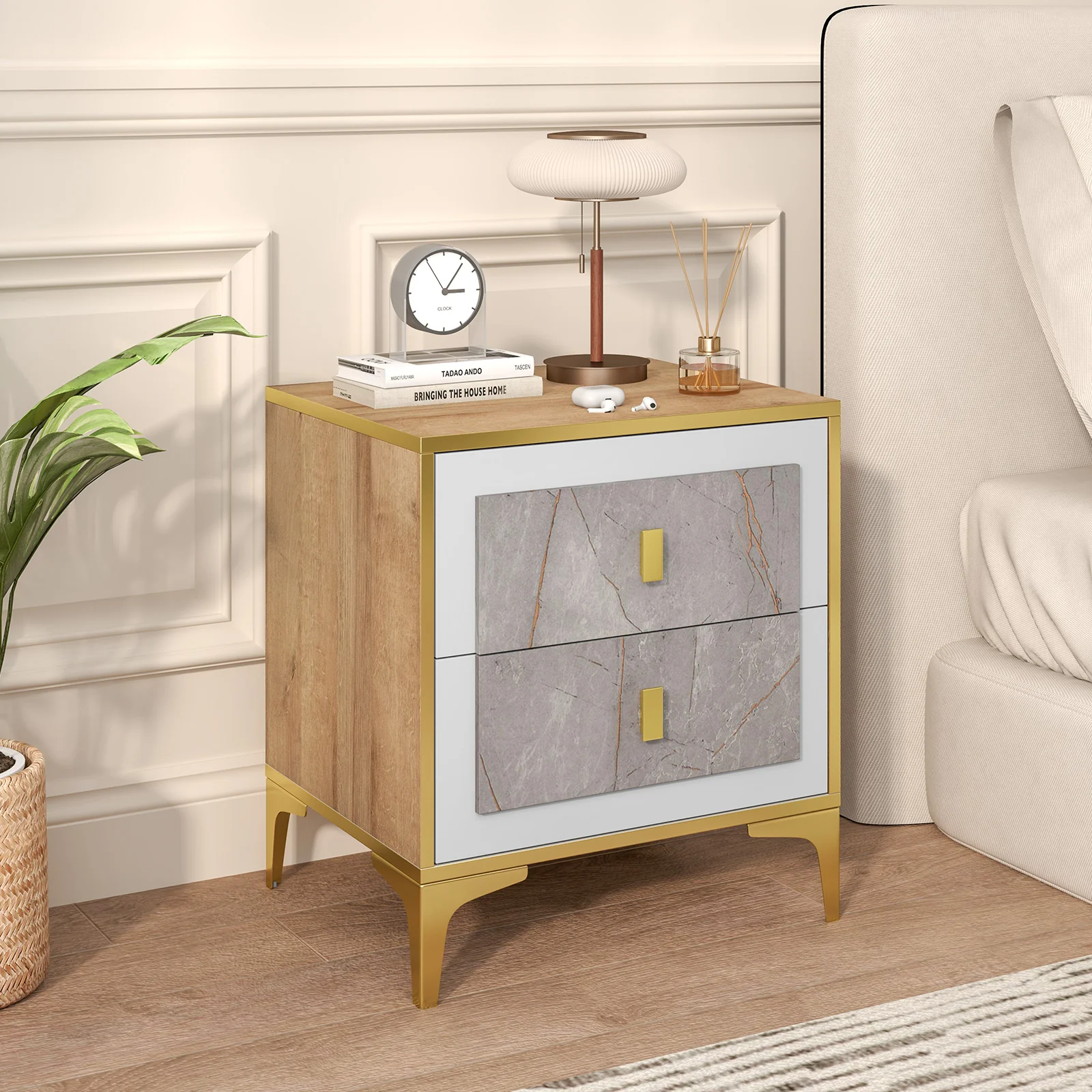 Nightstand With 2 Pull-Out Drawers, Natural - Image 2