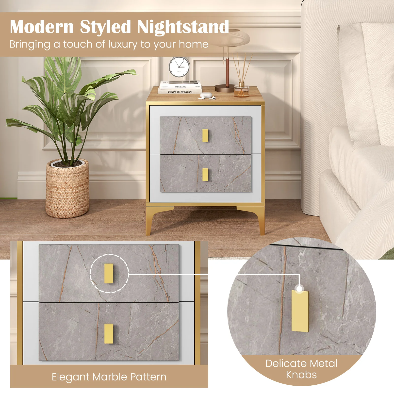 Nightstand With 2 Pull-Out Drawers, Natural - Image 9